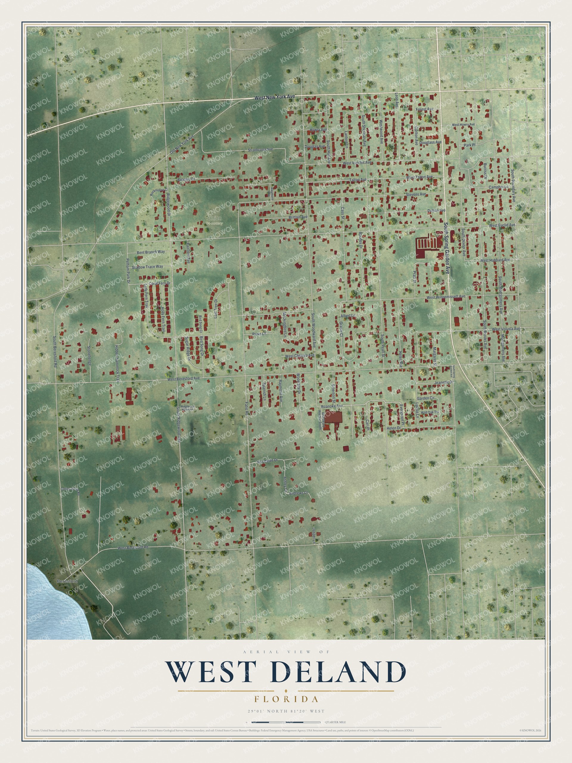 Full map of West DeLand, Florida, with red buildings, printed street names and the land around them