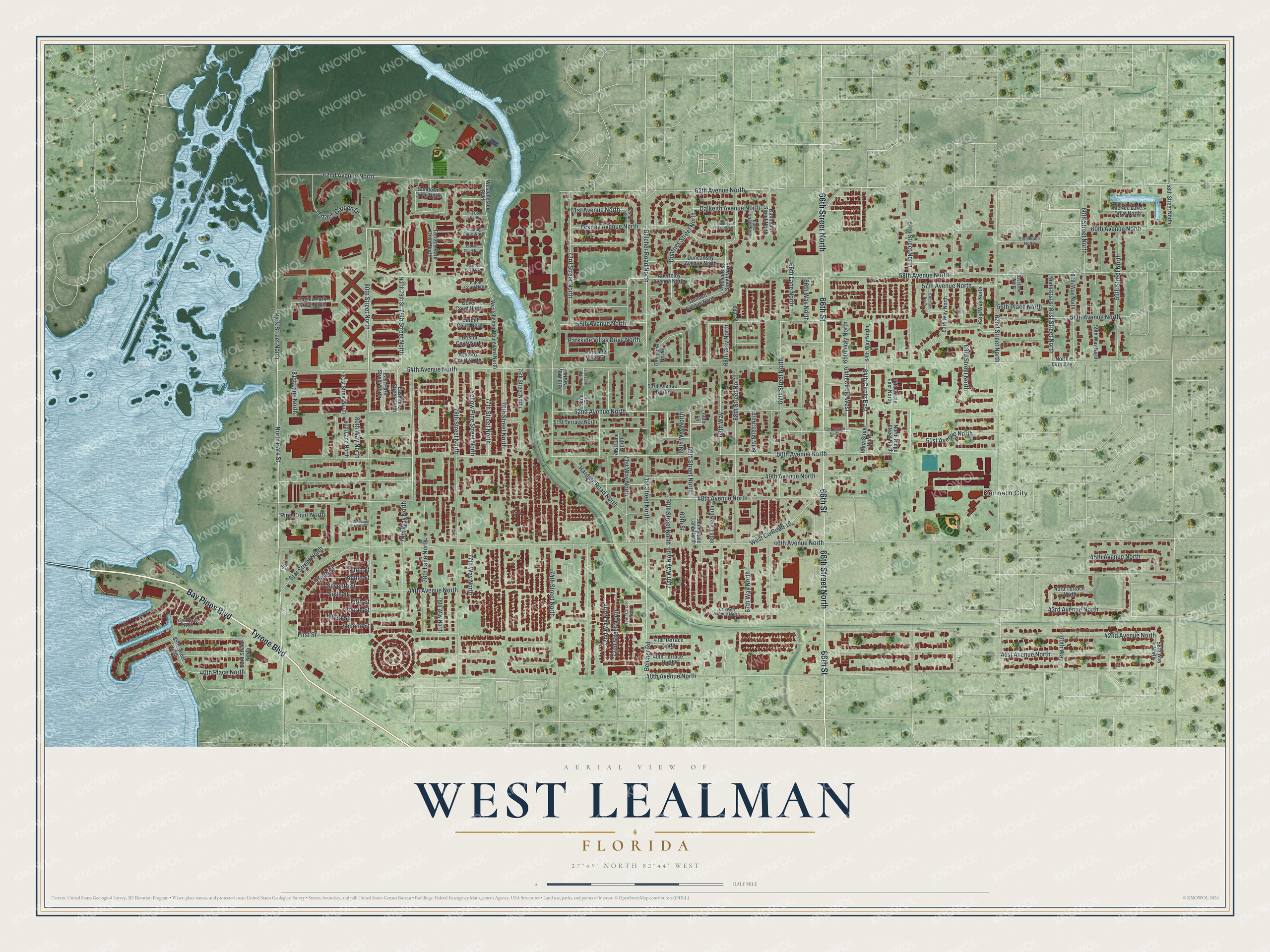 Full map of West Lealman, Florida, with red buildings, printed street names and the land around them