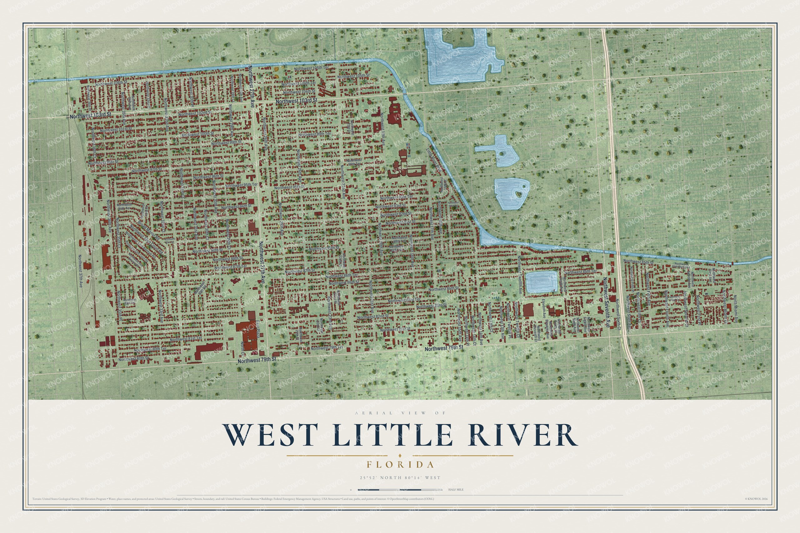 Full map of West Little River, Florida, with red buildings, printed street names and the land around them