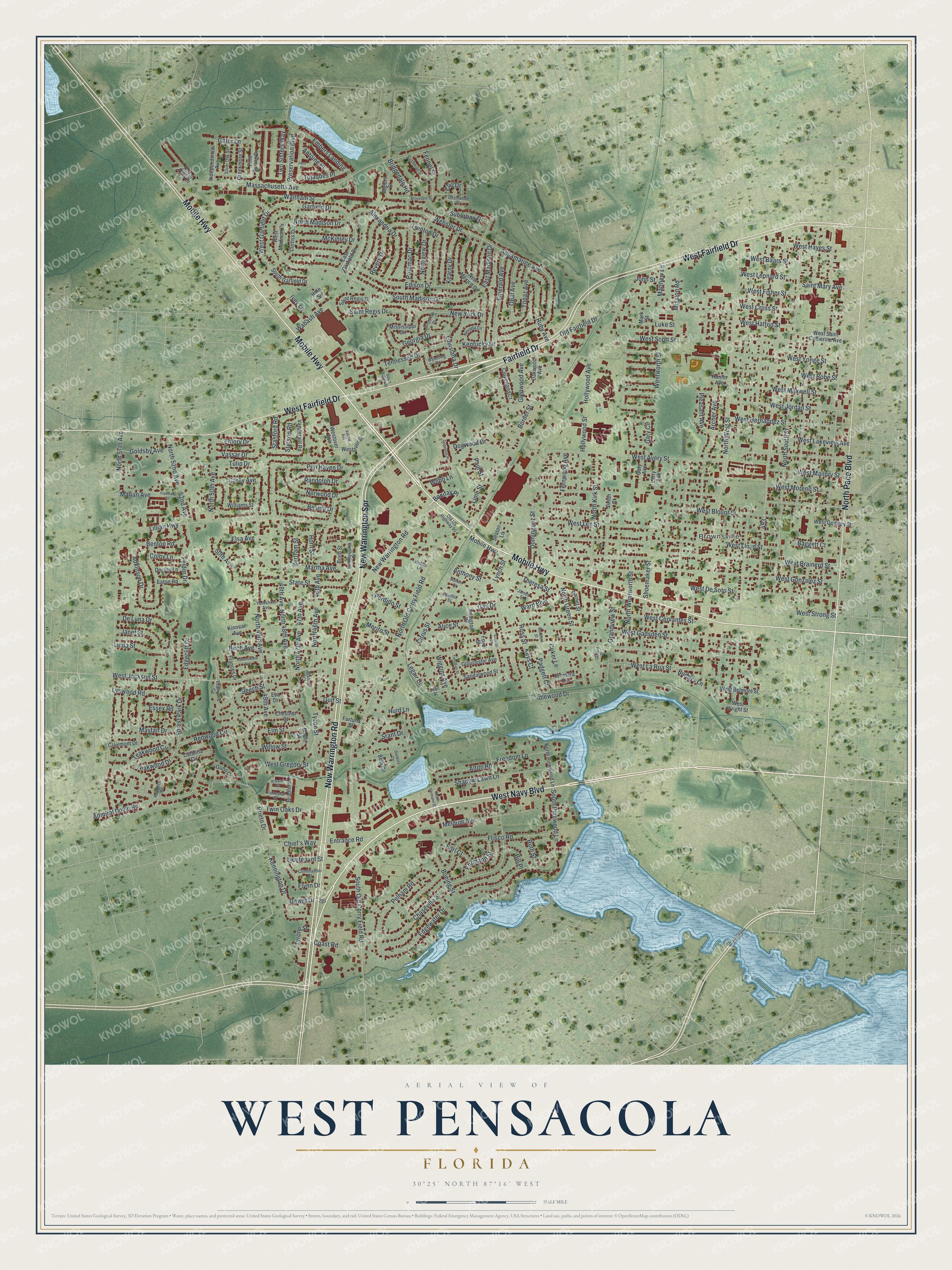Full map of West Pensacola, Florida, with red buildings, printed street names and the land around them