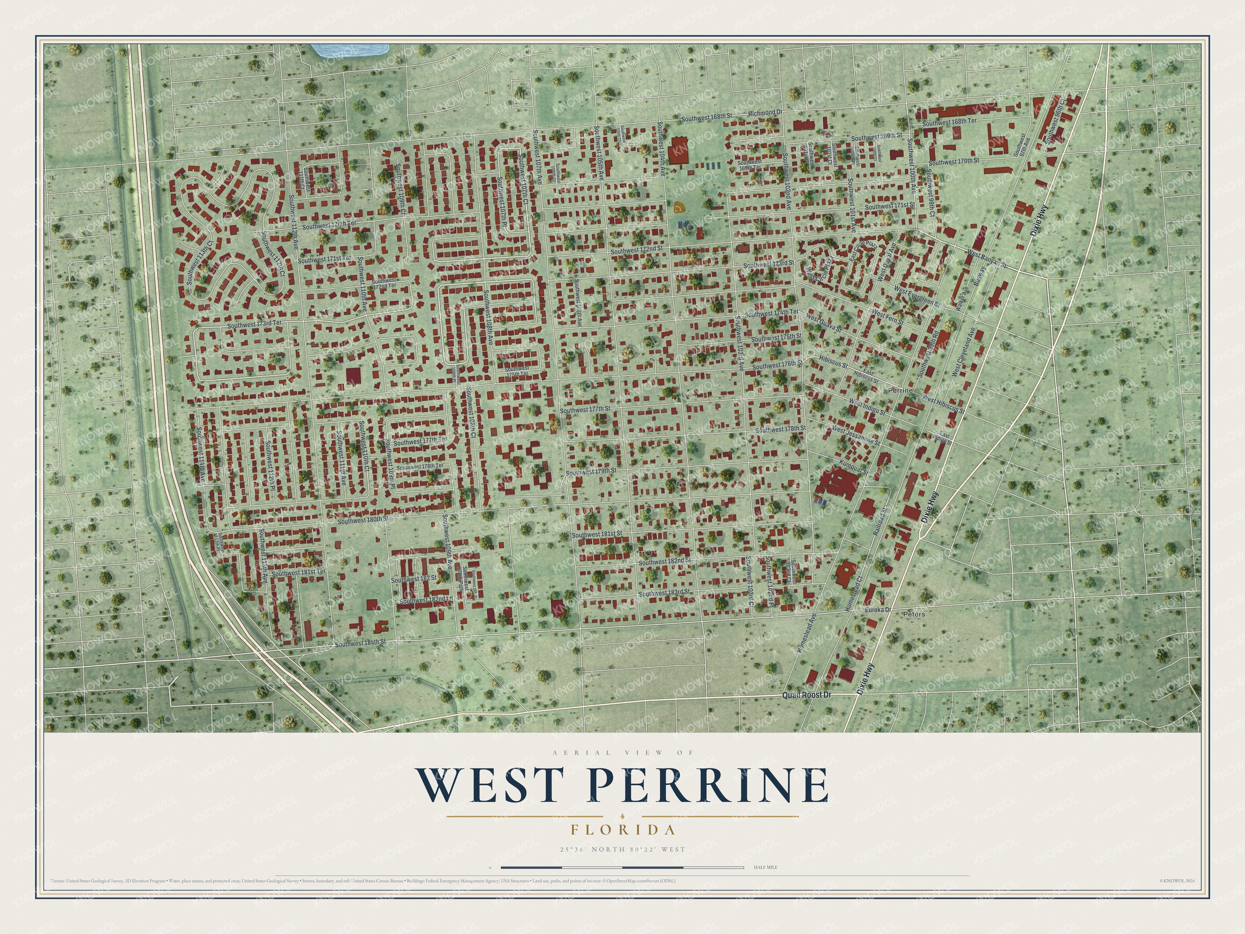 Full map of West Perrine, Florida, with red buildings, printed street names and the land around them