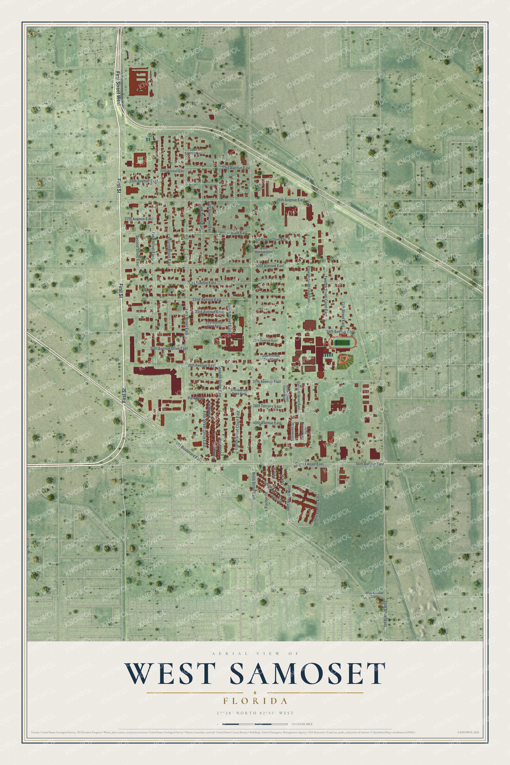 Full map of West Samoset, Florida, with red buildings, printed street names and the land around them