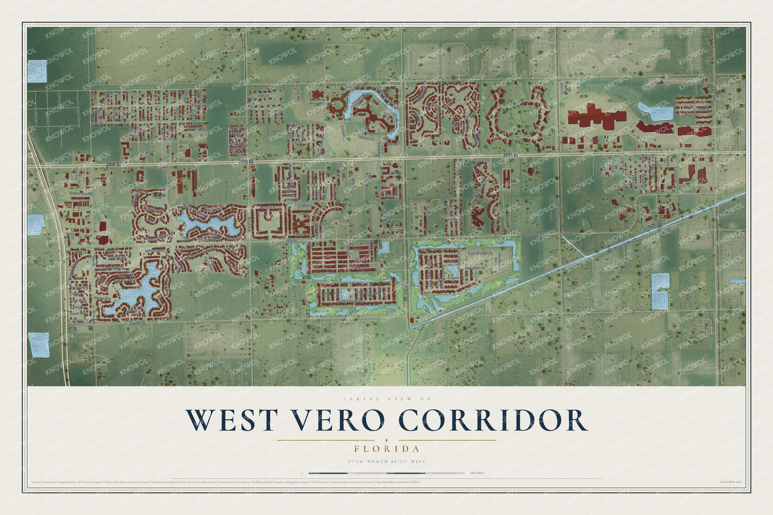 Full map of West Vero Corridor, Florida, with red buildings, printed street names and the land around them