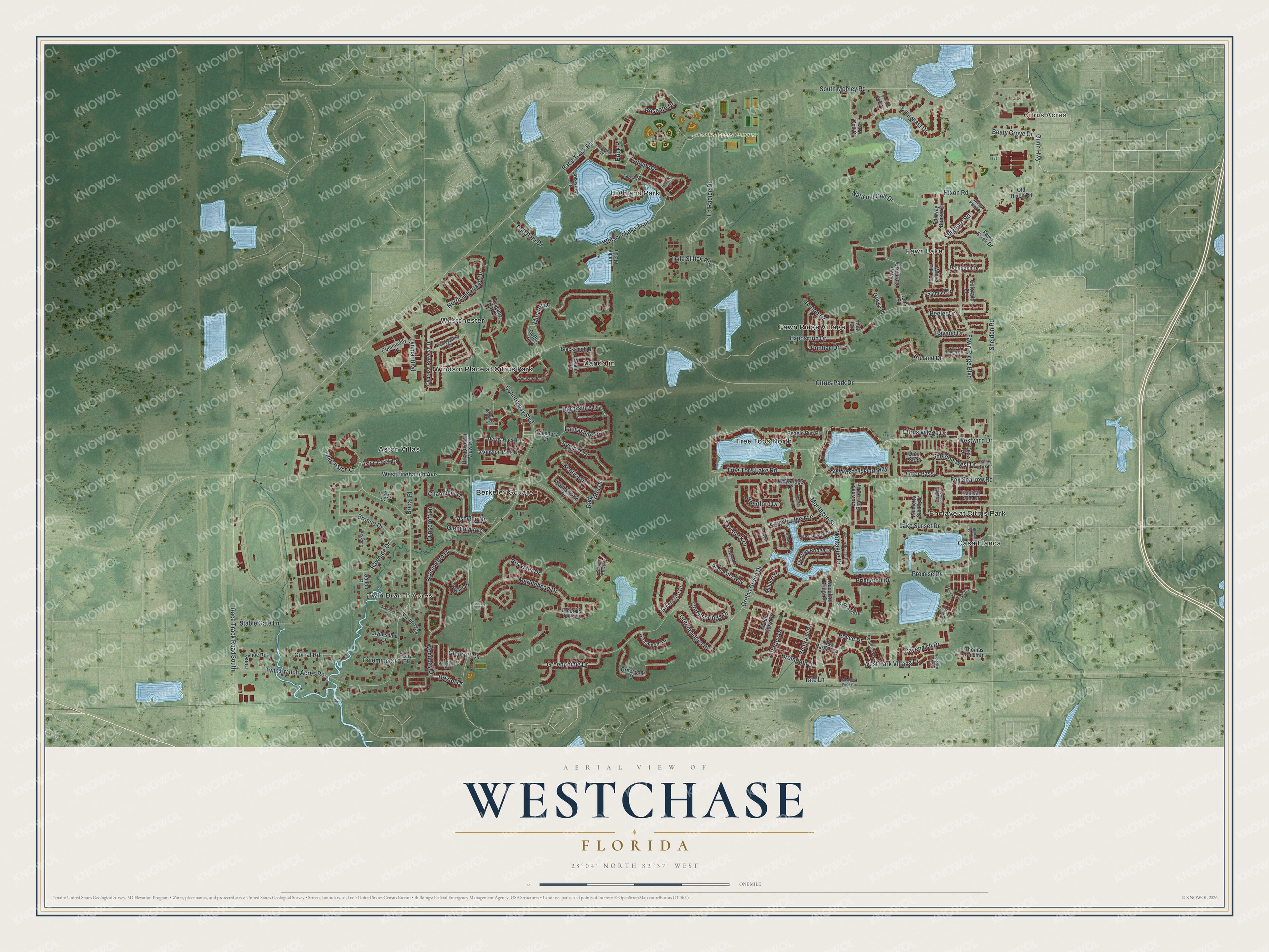 Full map of Westchase, Florida, with red buildings, printed street names and the land around them