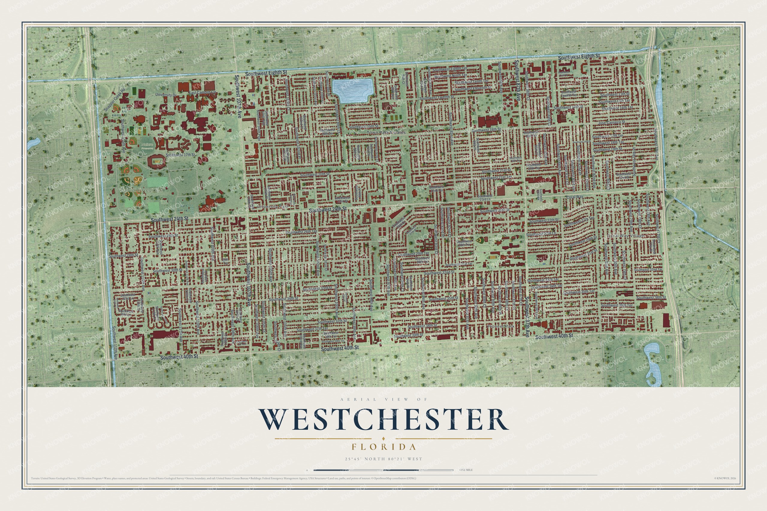 Full map of Westchester, Florida, with red buildings, printed street names and the land around them
