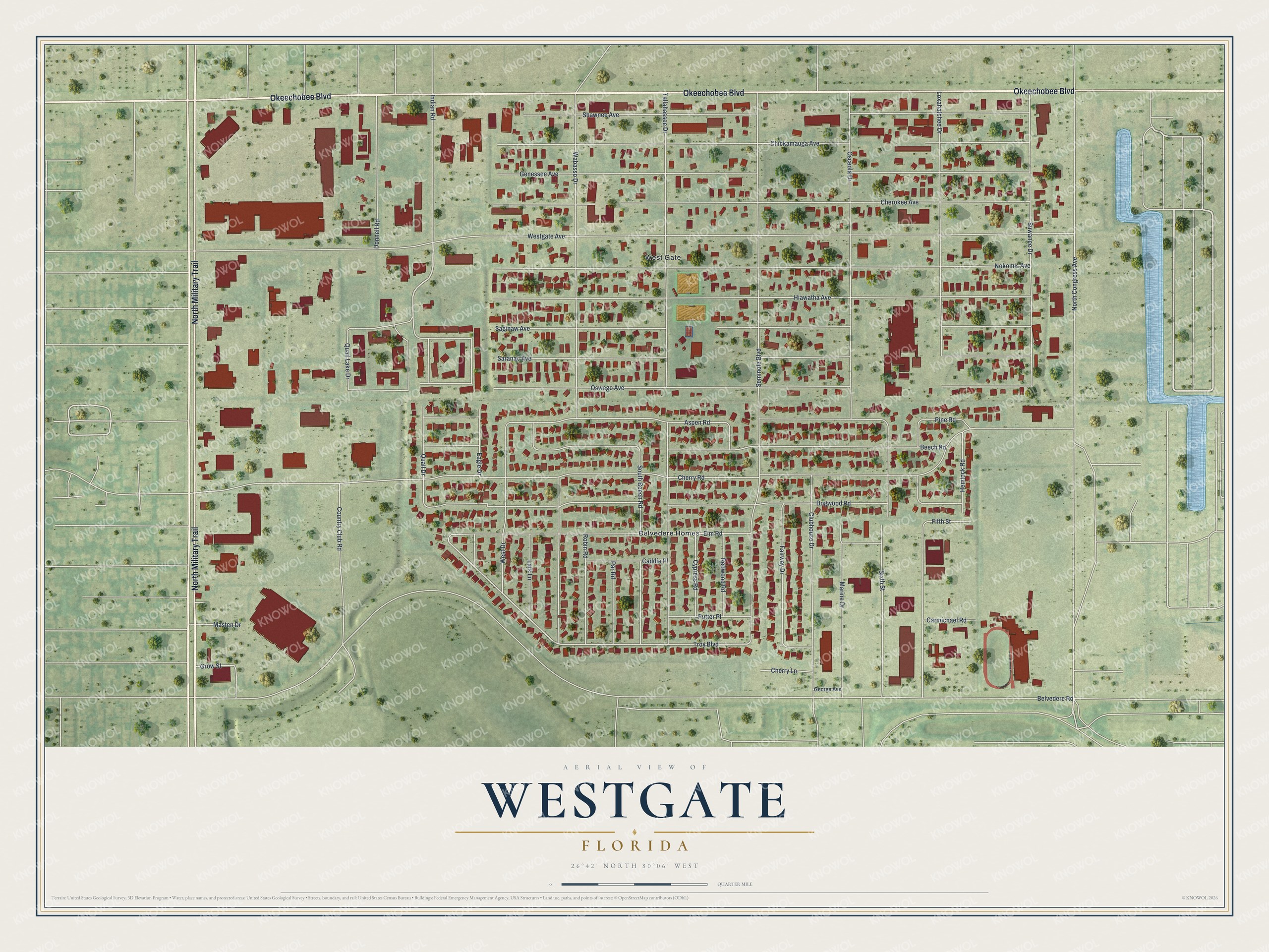 Full map of Westgate, Florida, with red buildings, printed street names and the land around them