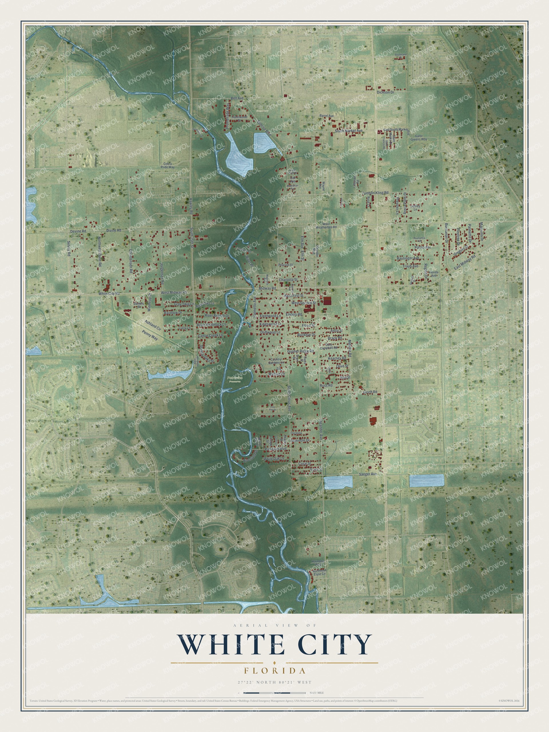 Full map of White City, Florida, with red buildings, printed street names and the land around them