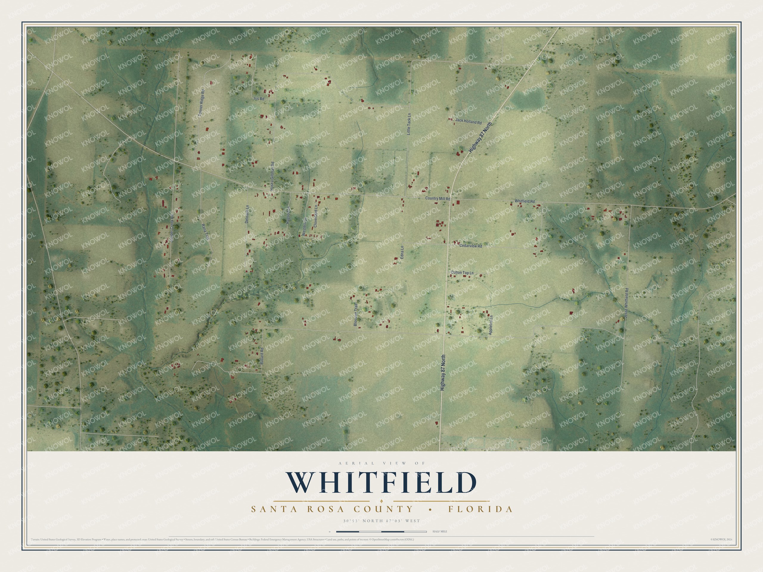 Full map of Whitfield, Florida, with red buildings, printed street names and the land around them