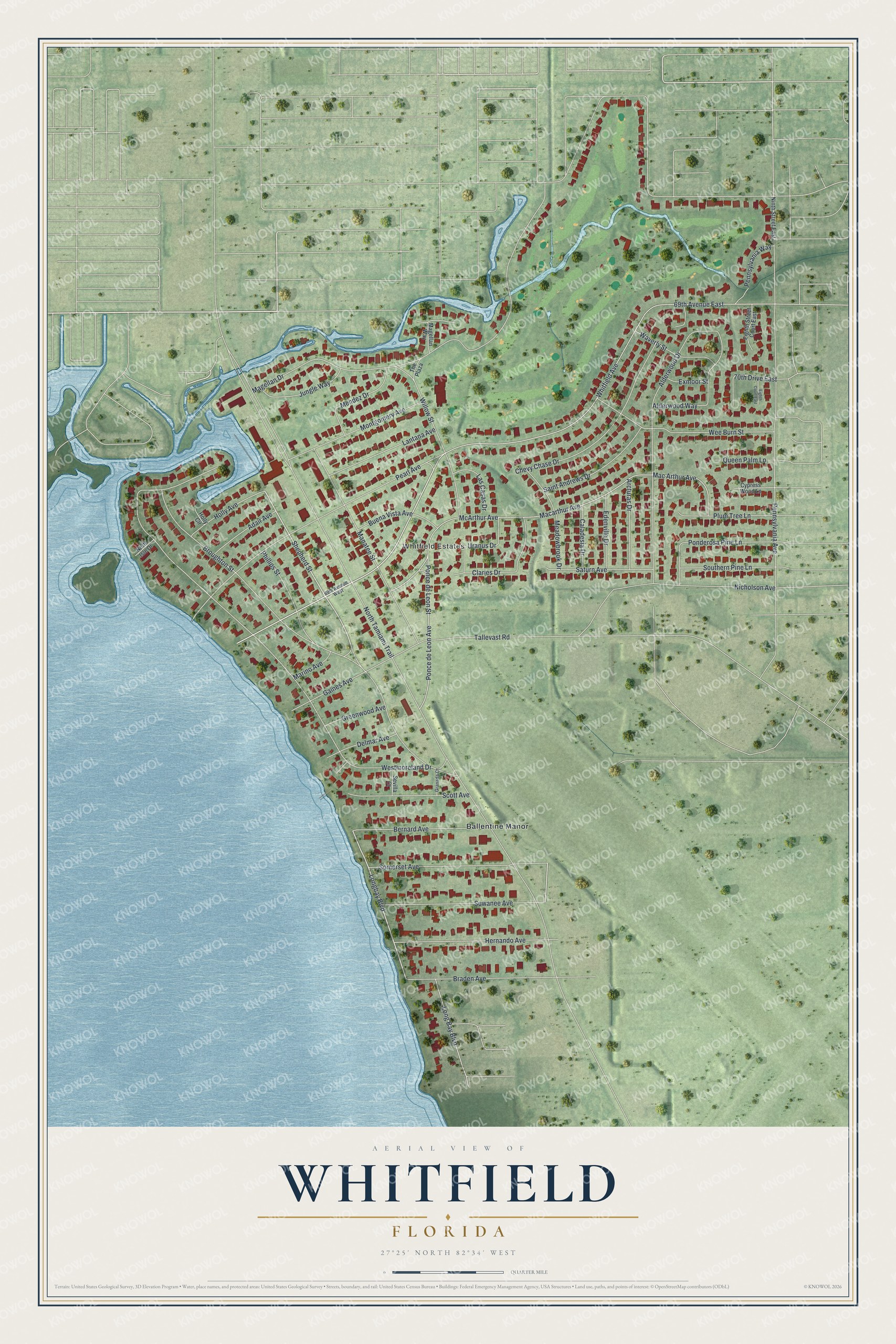 Full map of Whitfield, Florida, with red buildings, printed street names and the land around them