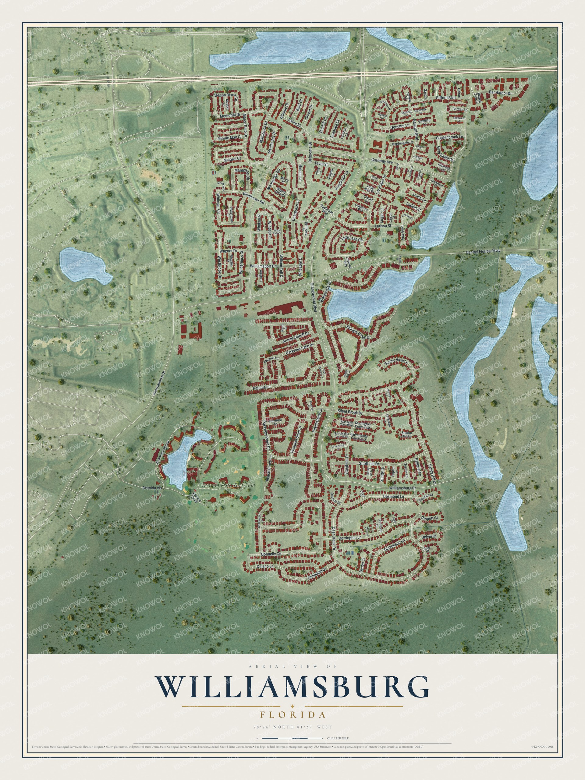 Full map of Williamsburg, Florida, with red buildings, printed street names and the land around them