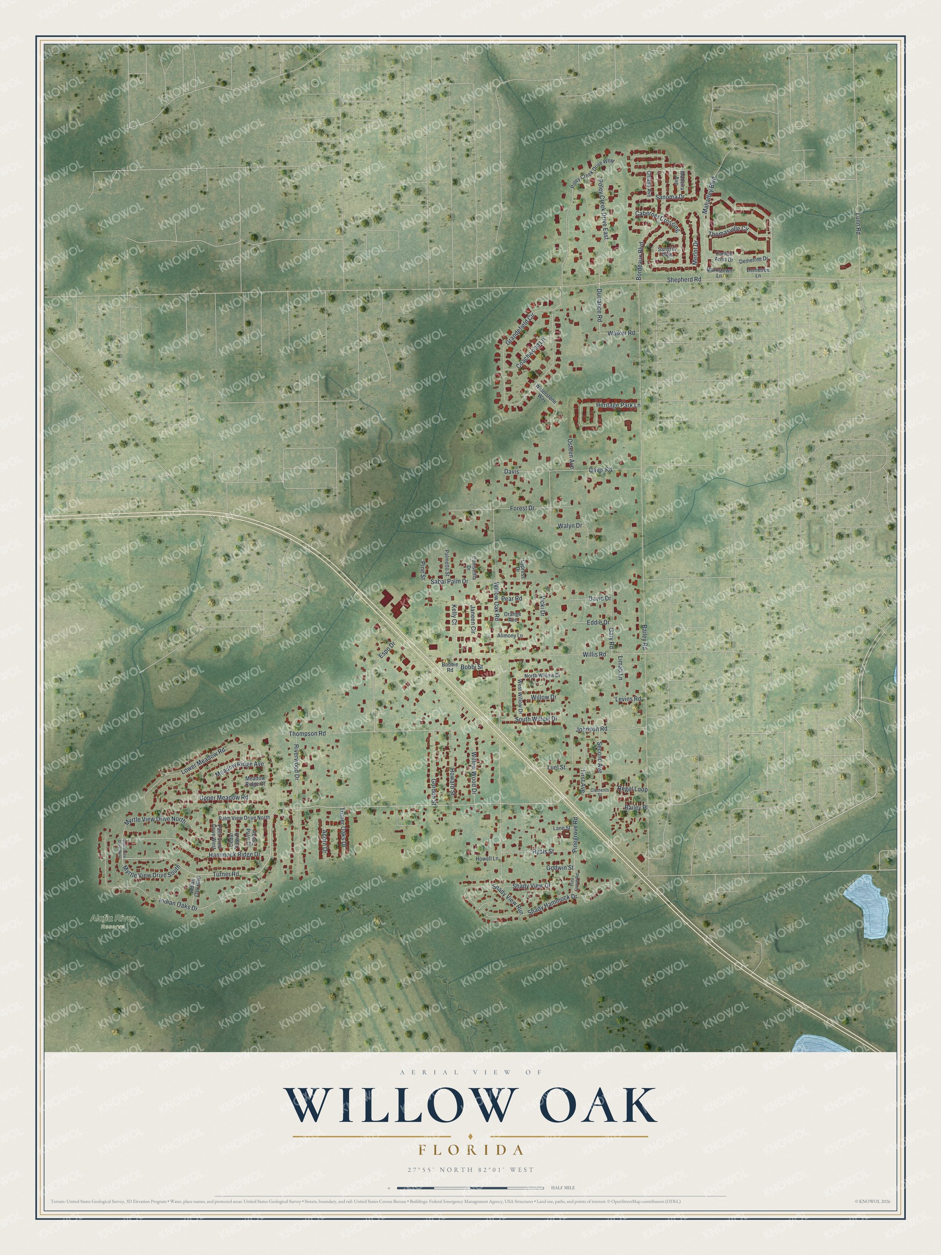 Full map of Willow Oak, Florida, with red buildings, printed street names and the land around them