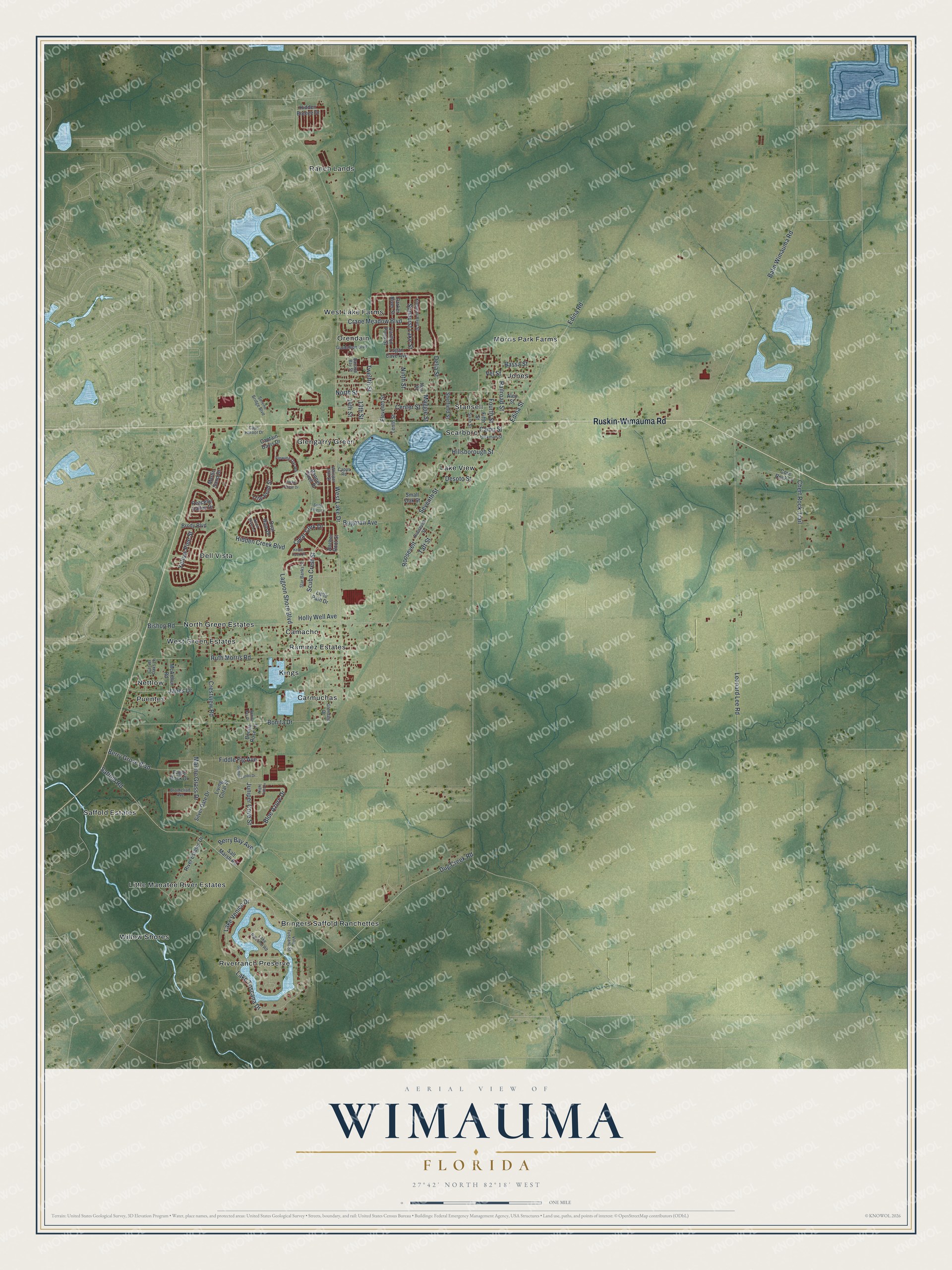 Full map of Wimauma, Florida, with red buildings, printed street names and the land around them