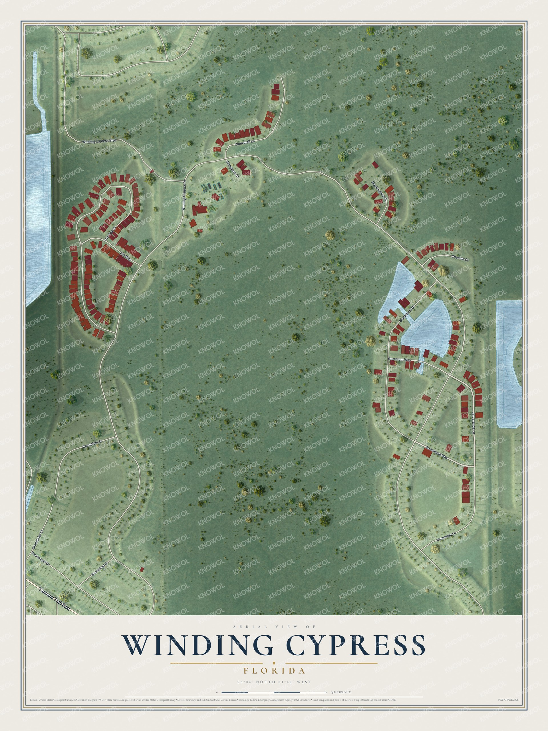 Full map of Winding Cypress, Florida, with red buildings, printed street names and the land around them
