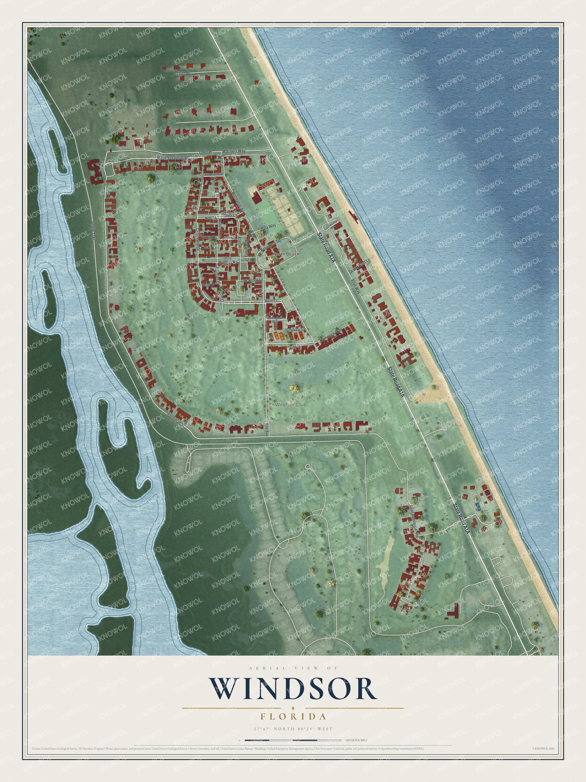 Full map of Windsor, Florida, with red buildings, printed street names and the land around them