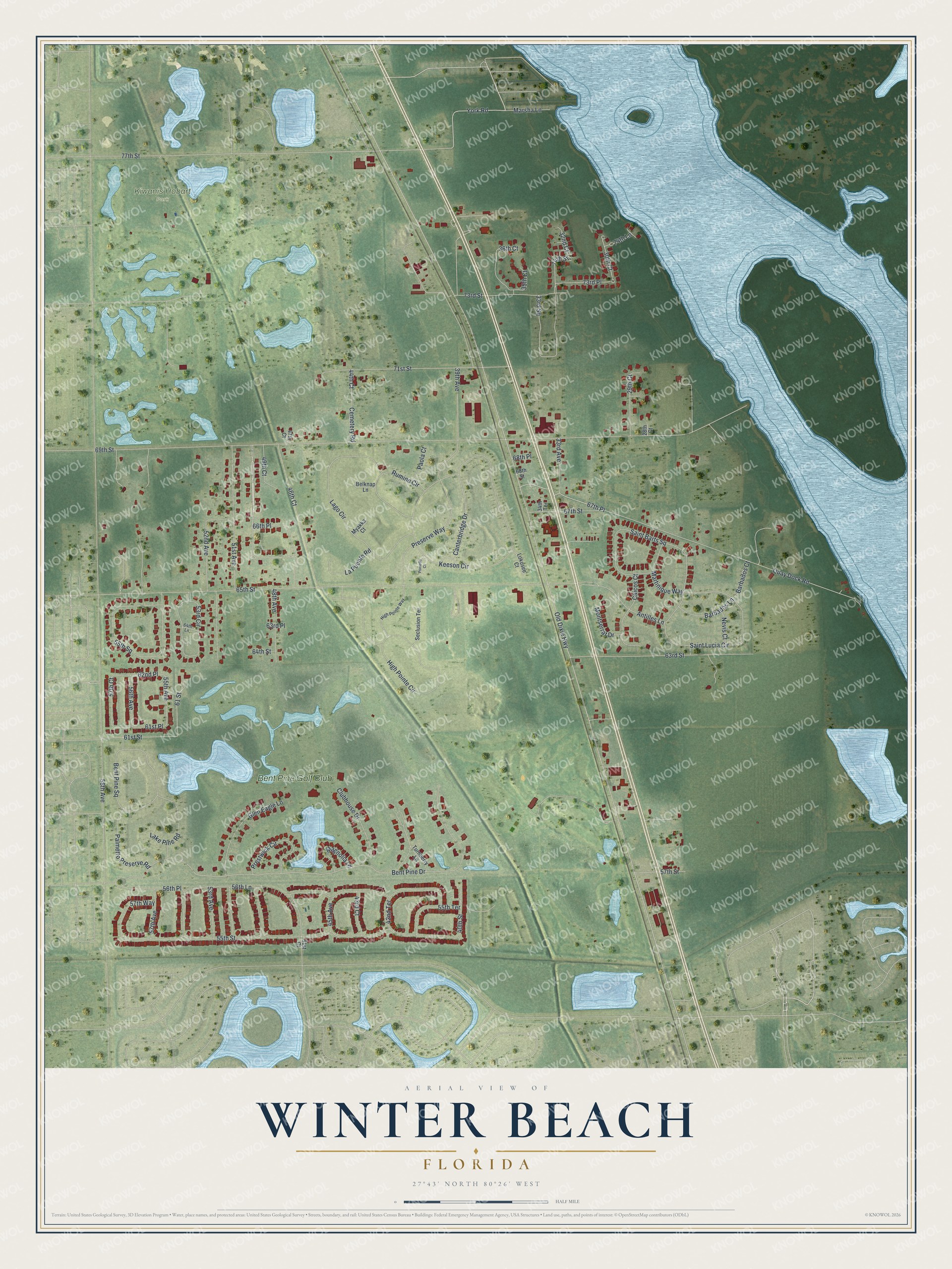 Full map of Winter Beach, Florida, with red buildings, printed street names and the land around them