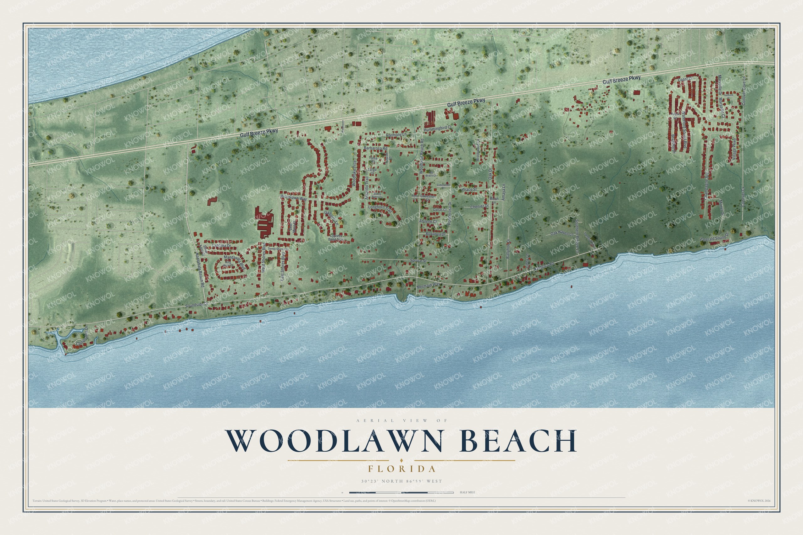 Full map of Woodlawn Beach, Florida, with red buildings, printed street names and the land around them
