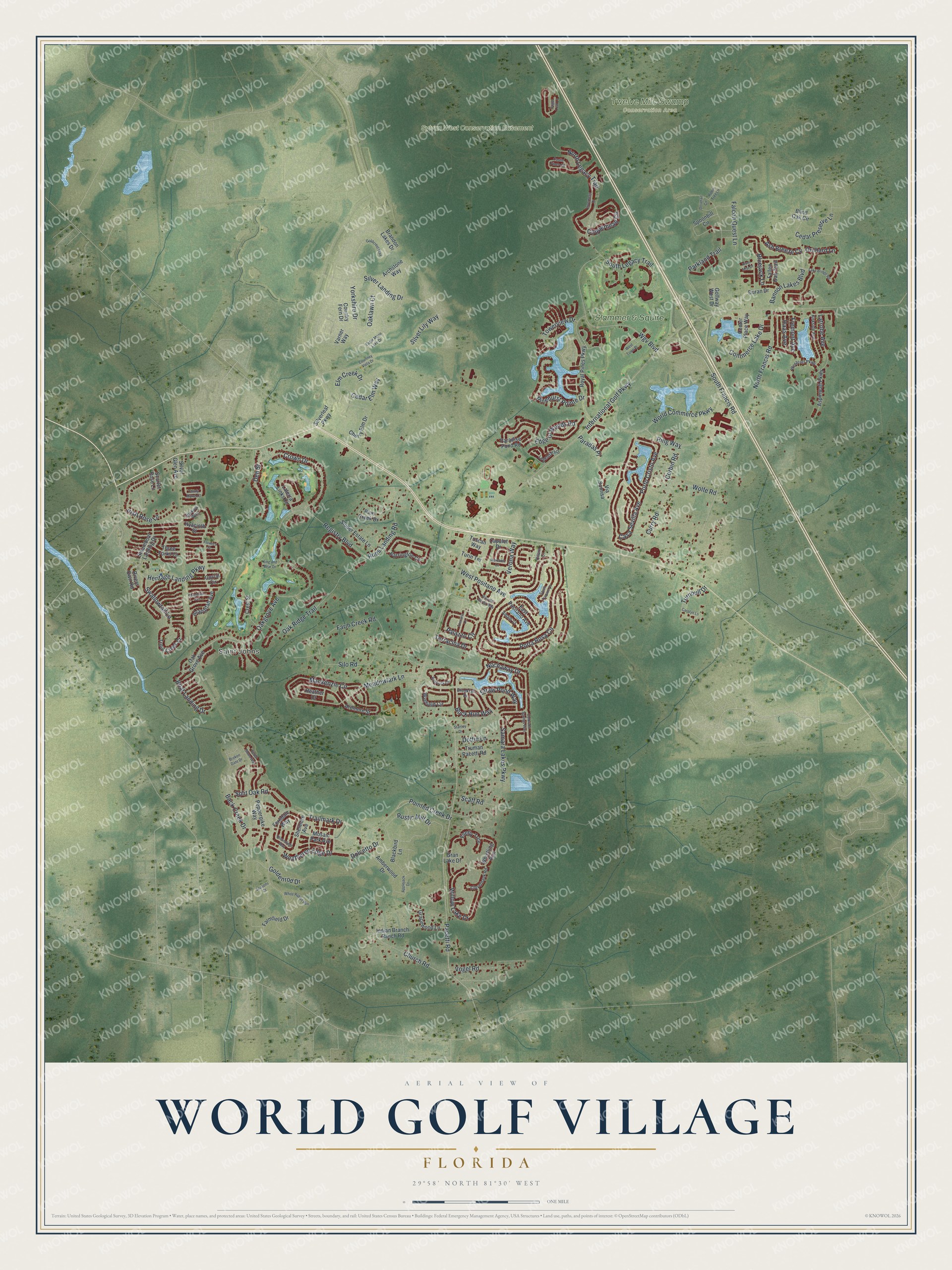 Full map of World Golf Village, Florida, with red buildings, printed street names and the land around them