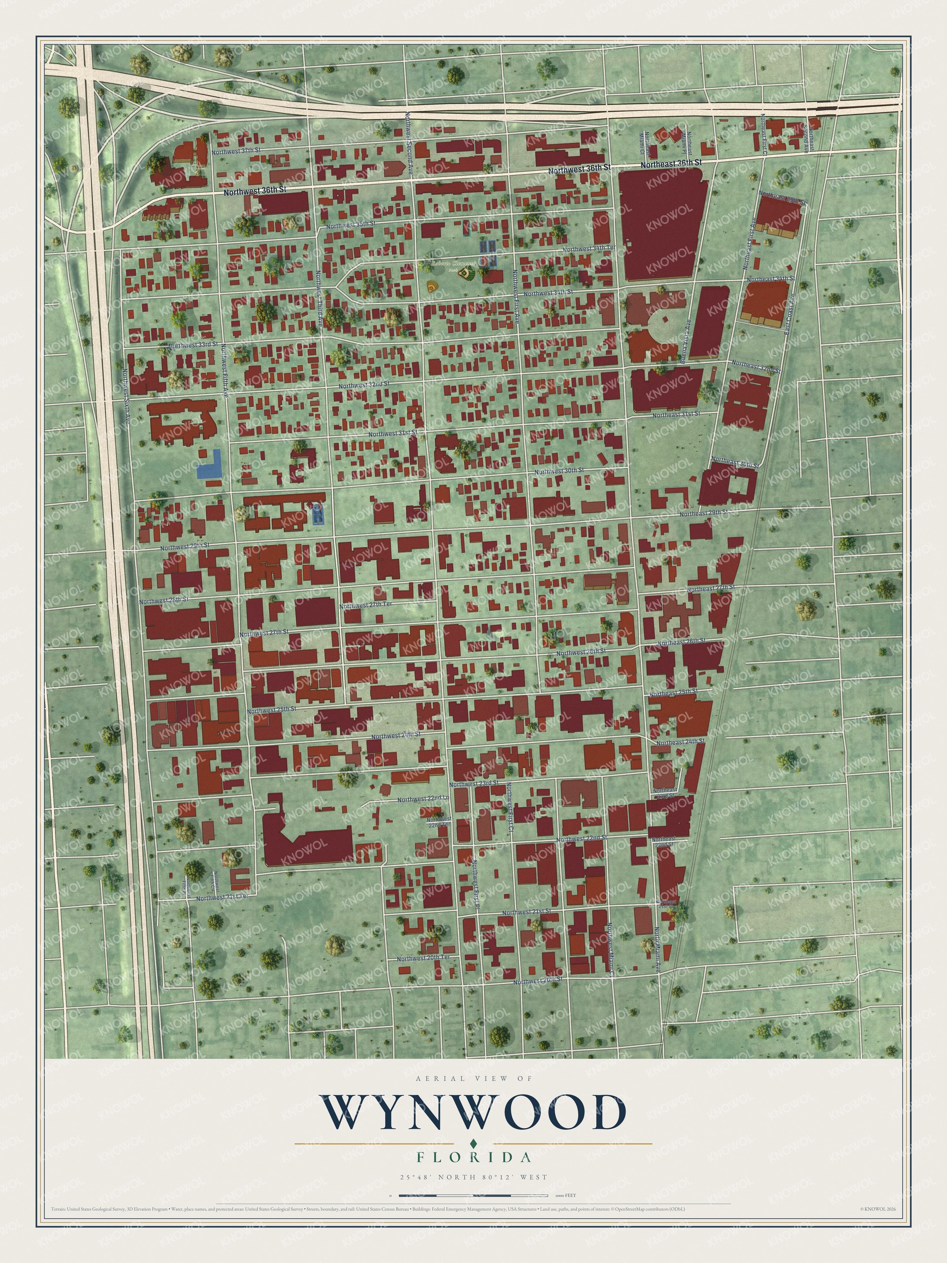 Full map of Wynwood, Florida, with red buildings, printed street names and the land around them