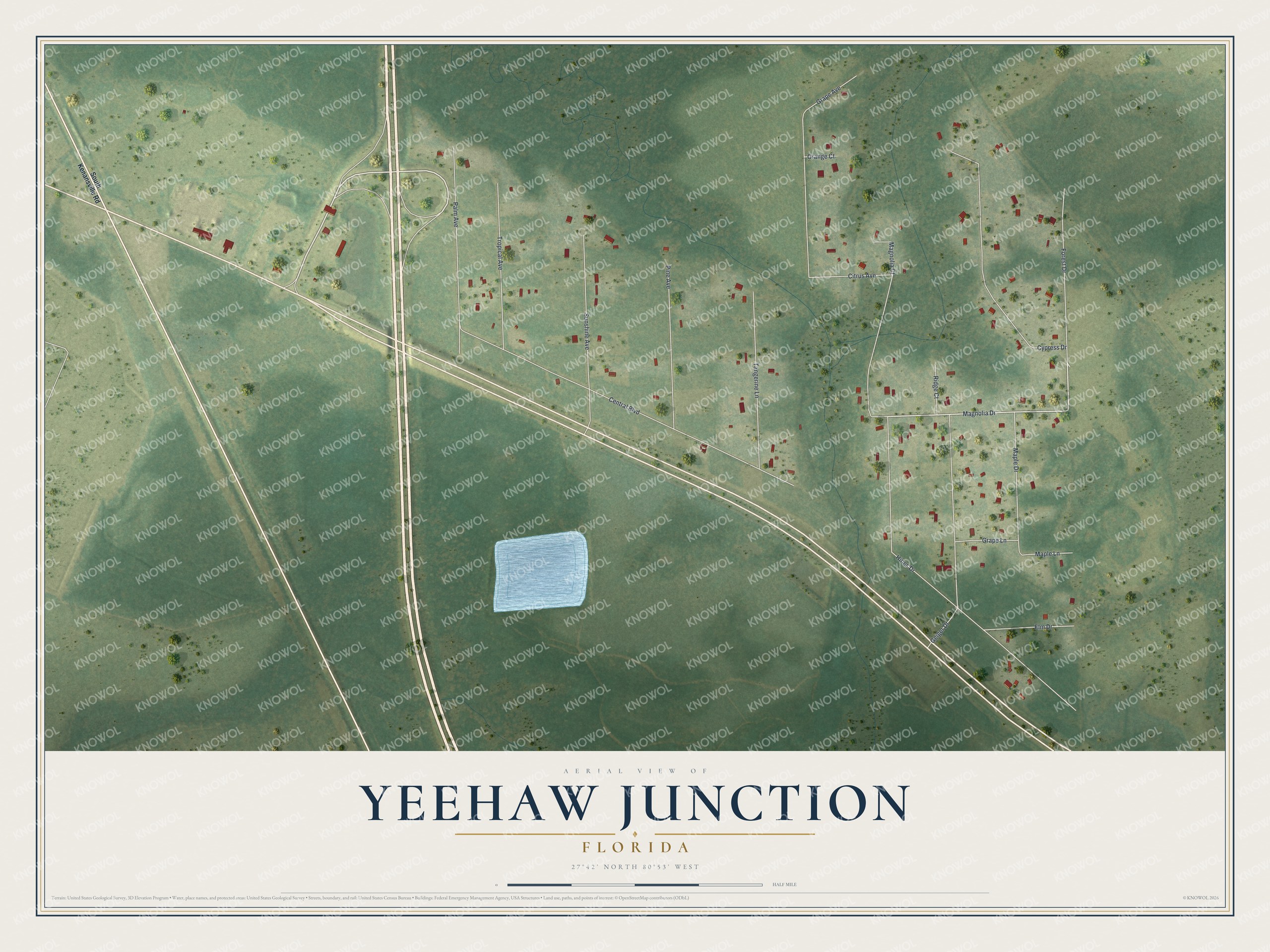Full map of Yeehaw Junction, Florida, with red buildings, printed street names and the land around them
