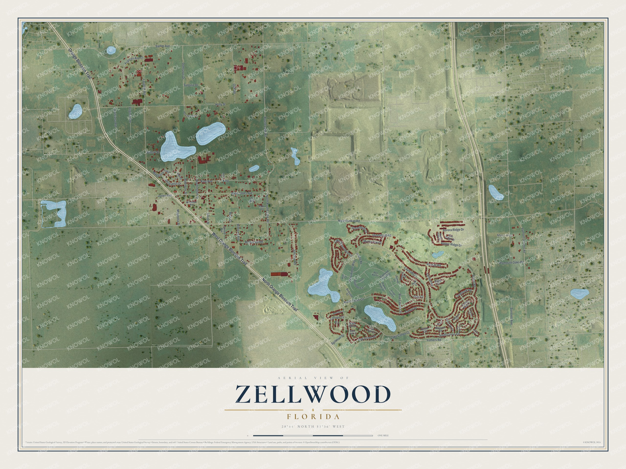 Full map of Zellwood, Florida, with red buildings, printed street names and the land around them