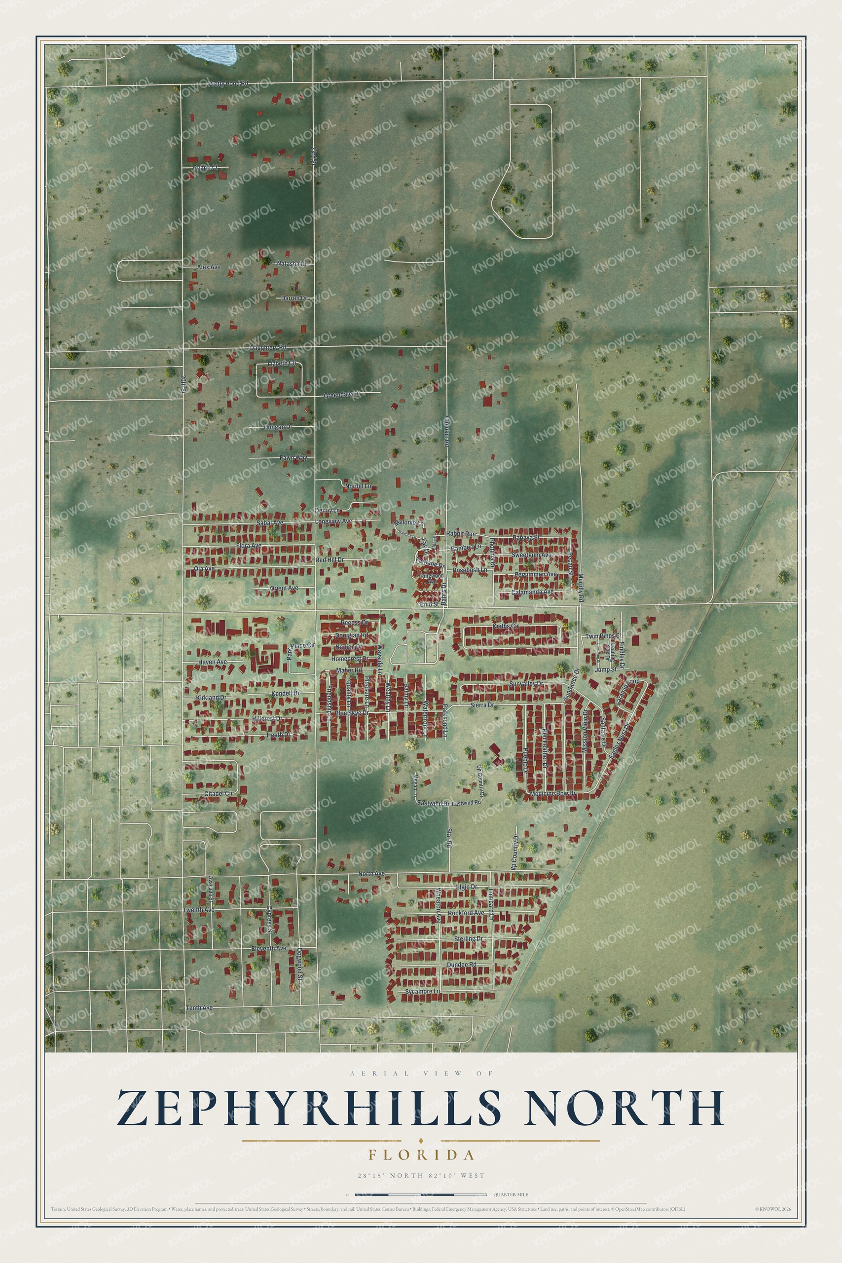 Full map of Zephyrhills North, Florida, with red buildings, printed street names and the land around them