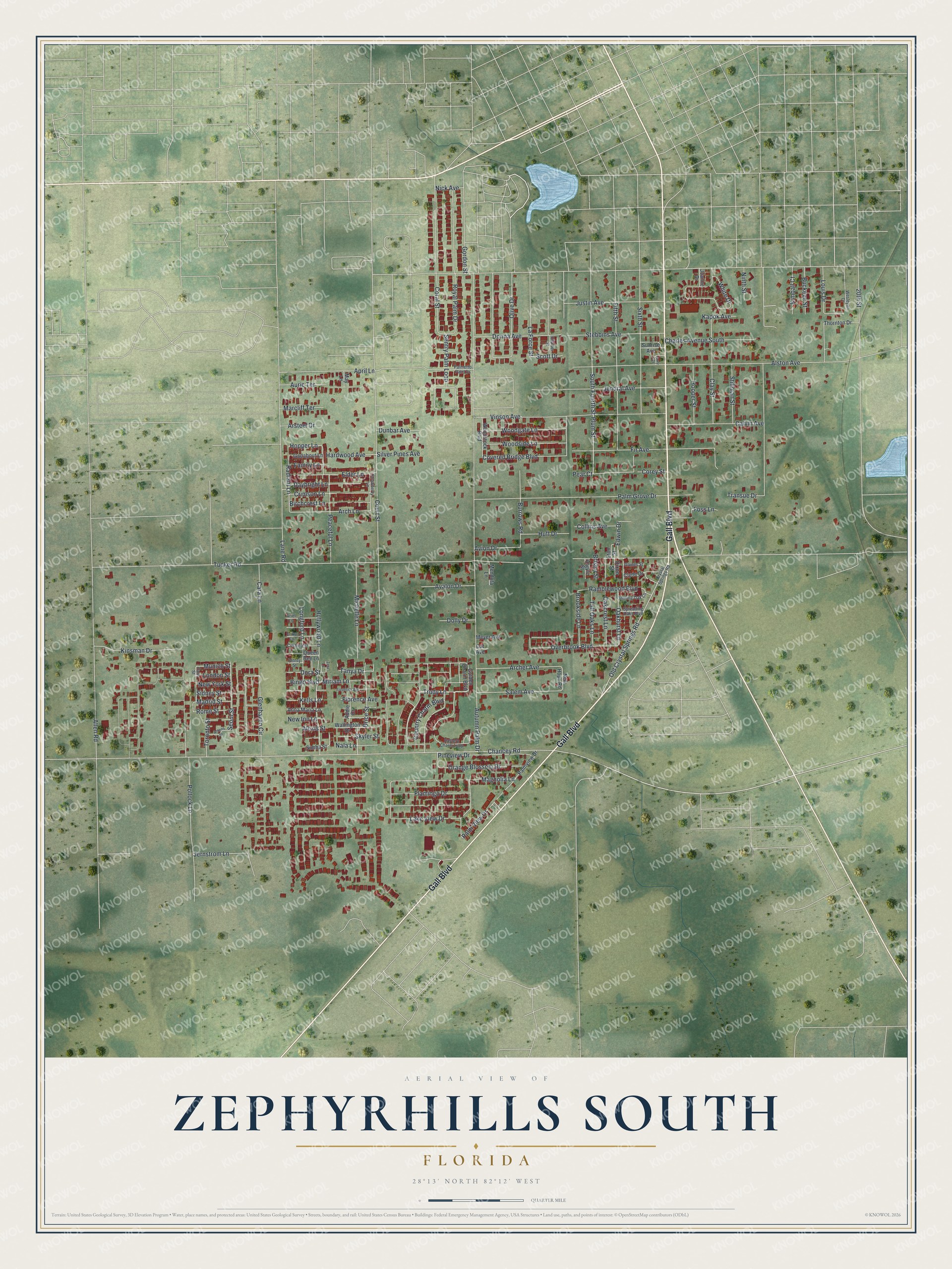 Full map of Zephyrhills South, Florida, with red buildings, printed street names and the land around them