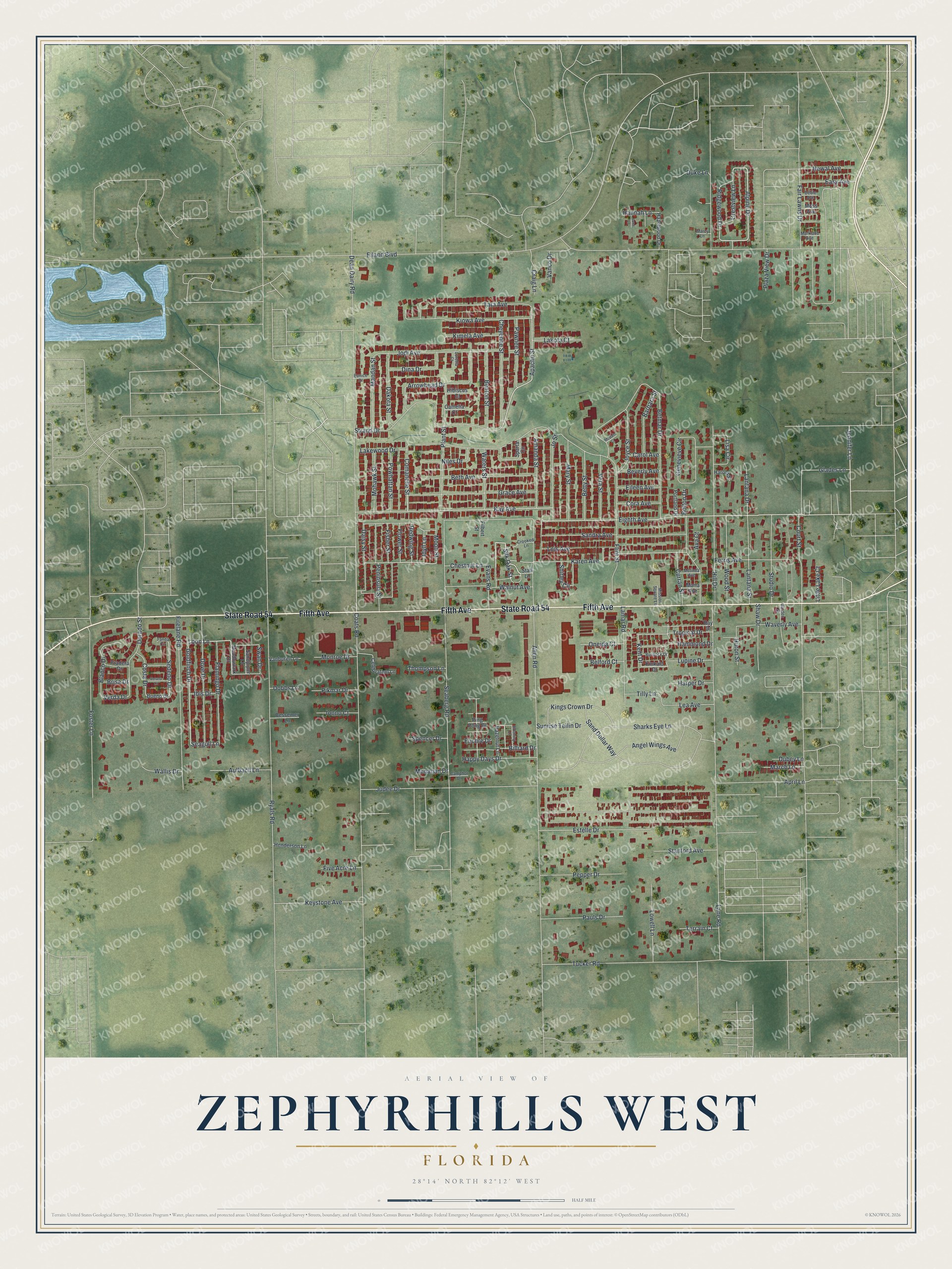 Full map of Zephyrhills West, Florida, with red buildings, printed street names and the land around them