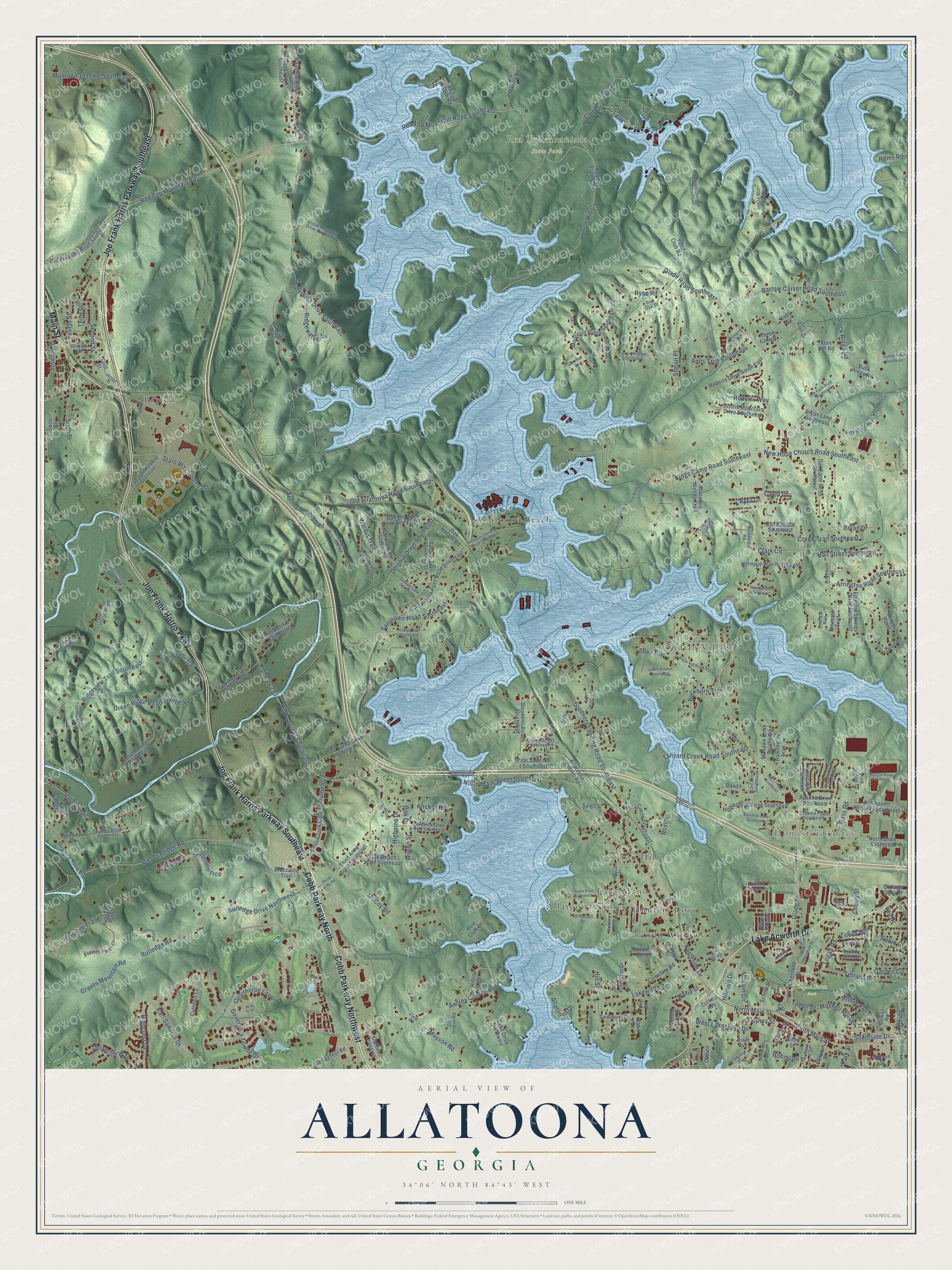 Full map of Allatoona, Georgia, with red buildings, printed street names and the land around them