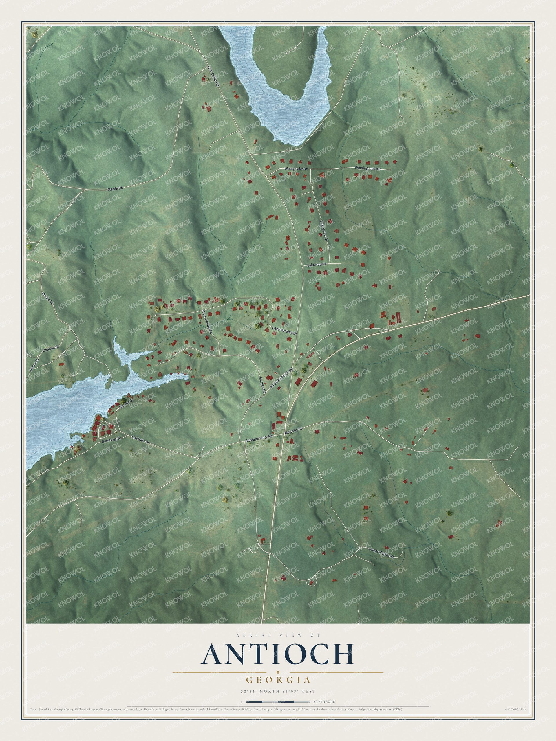 Full map of Antioch, Georgia, with red buildings, printed street names and the land around them