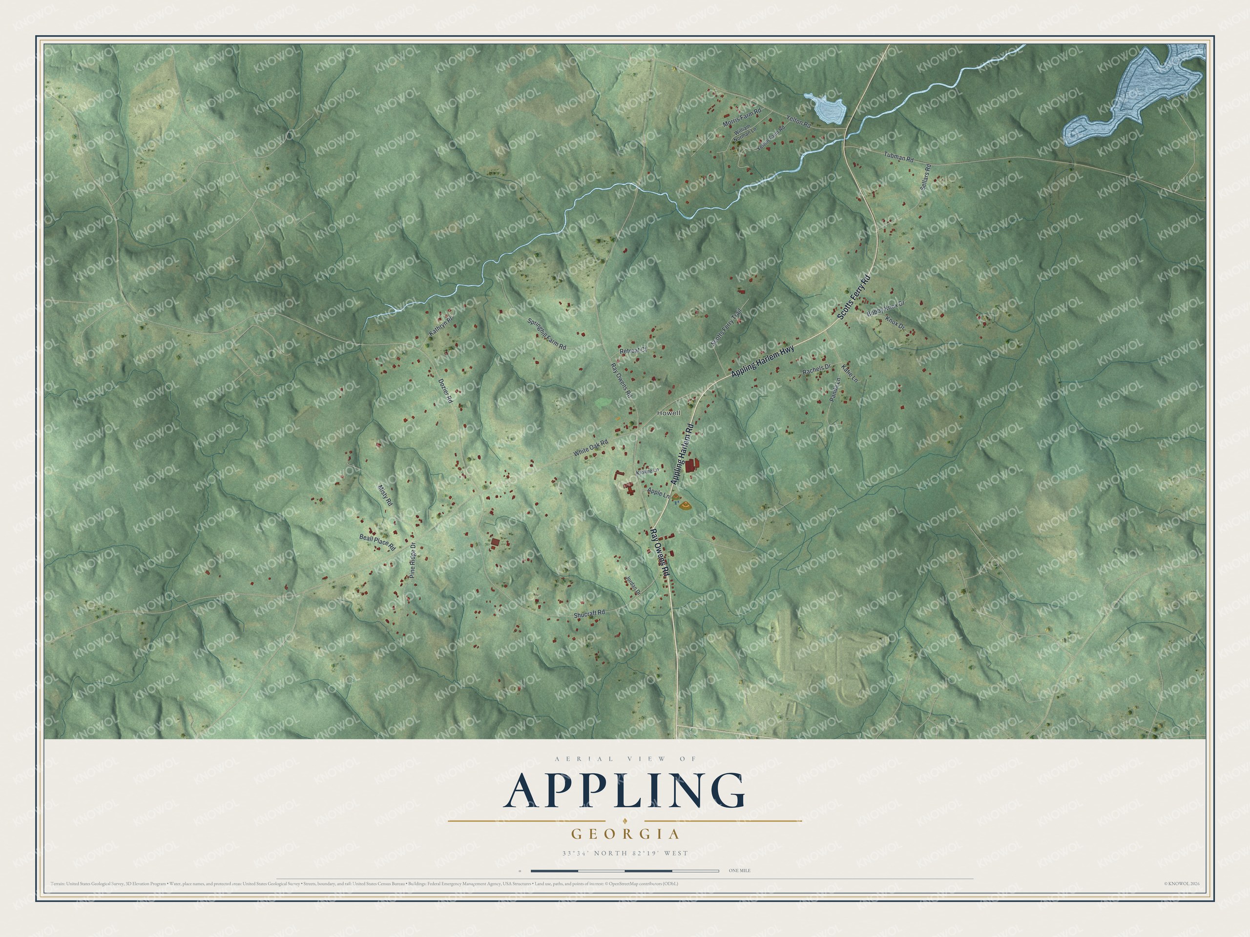 Full map of Appling, Georgia, with red buildings, printed street names and the land around them