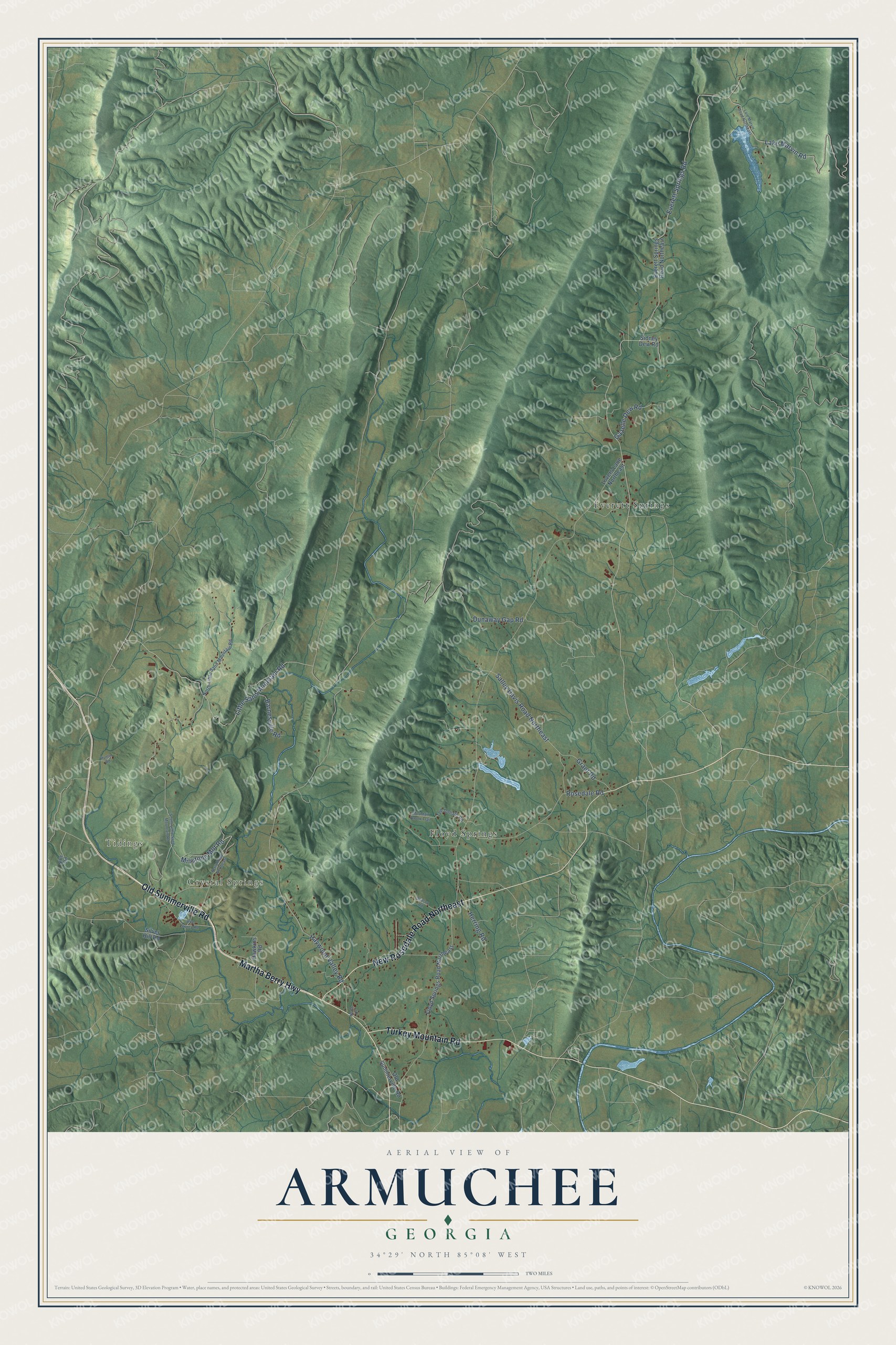 Full map of Armuchee, Georgia, with red buildings, printed street names and the land around them