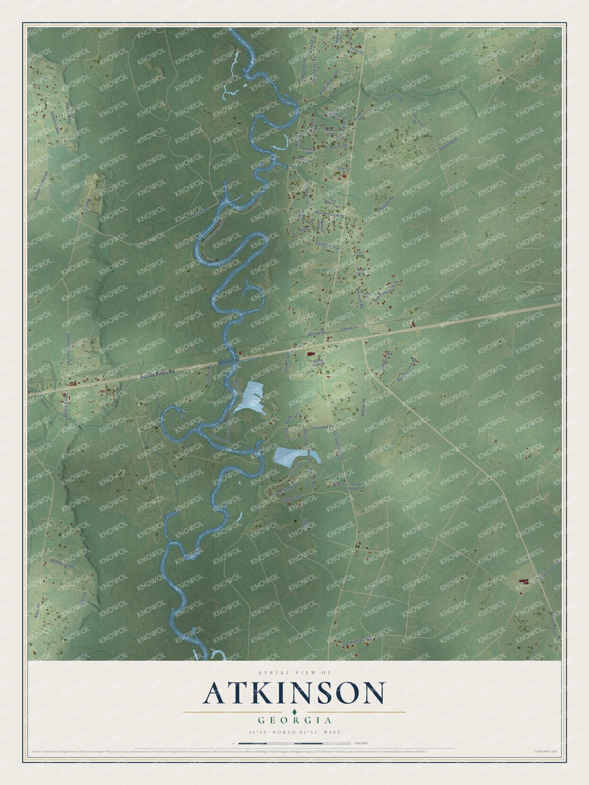 Full map of Atkinson, Georgia, with red buildings, printed street names and the land around them