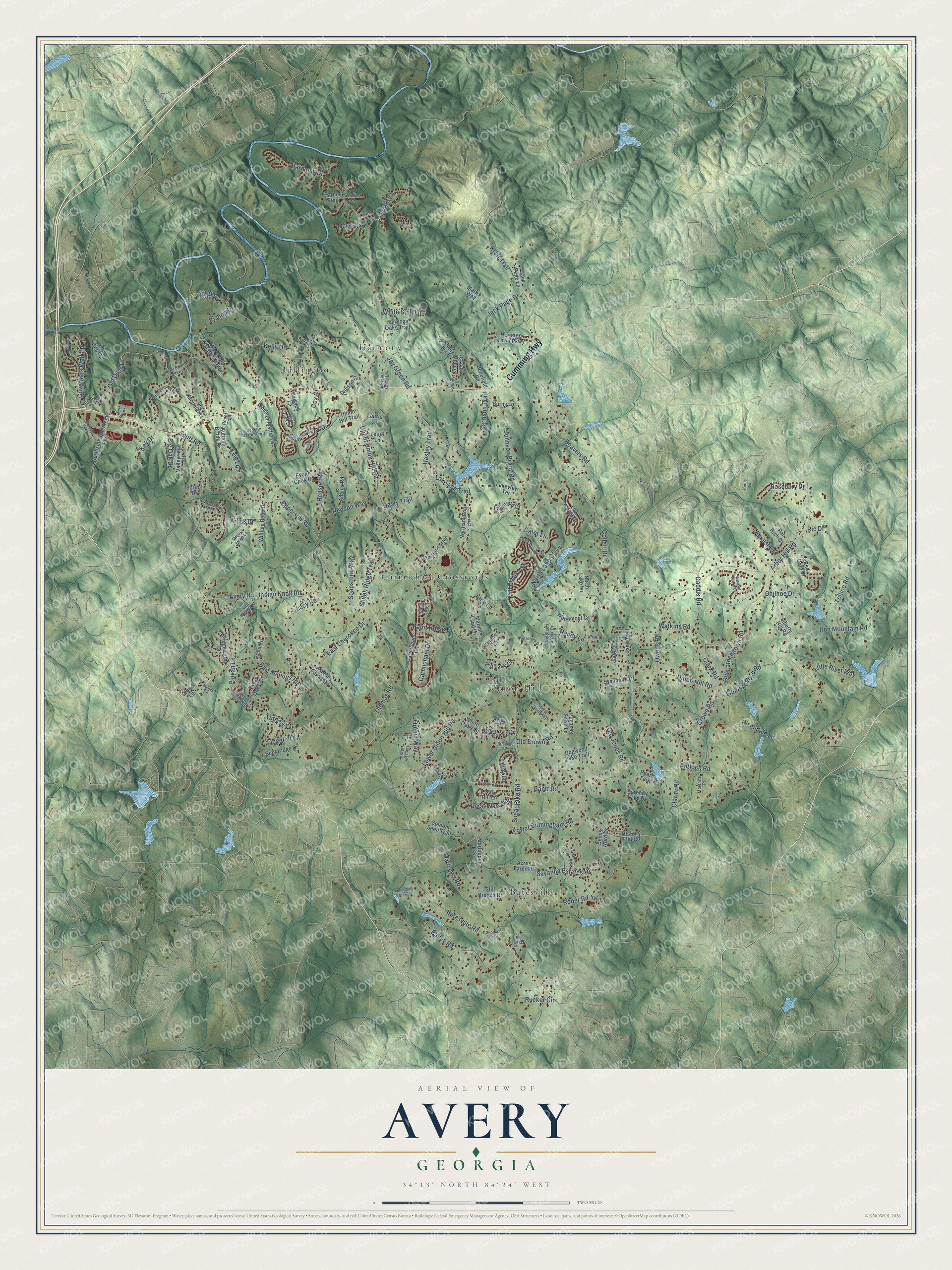 Full map of Avery, Georgia, with red buildings, printed street names and the land around them