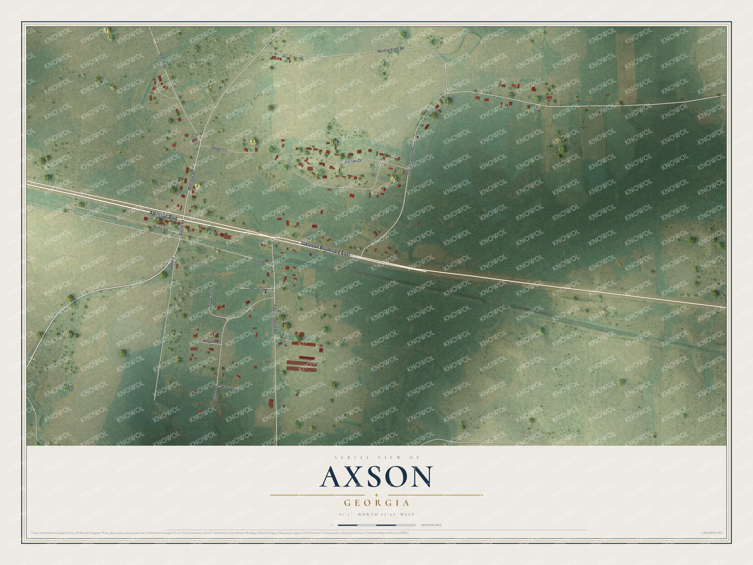 Full map of Axson, Georgia, with red buildings, printed street names and the land around them