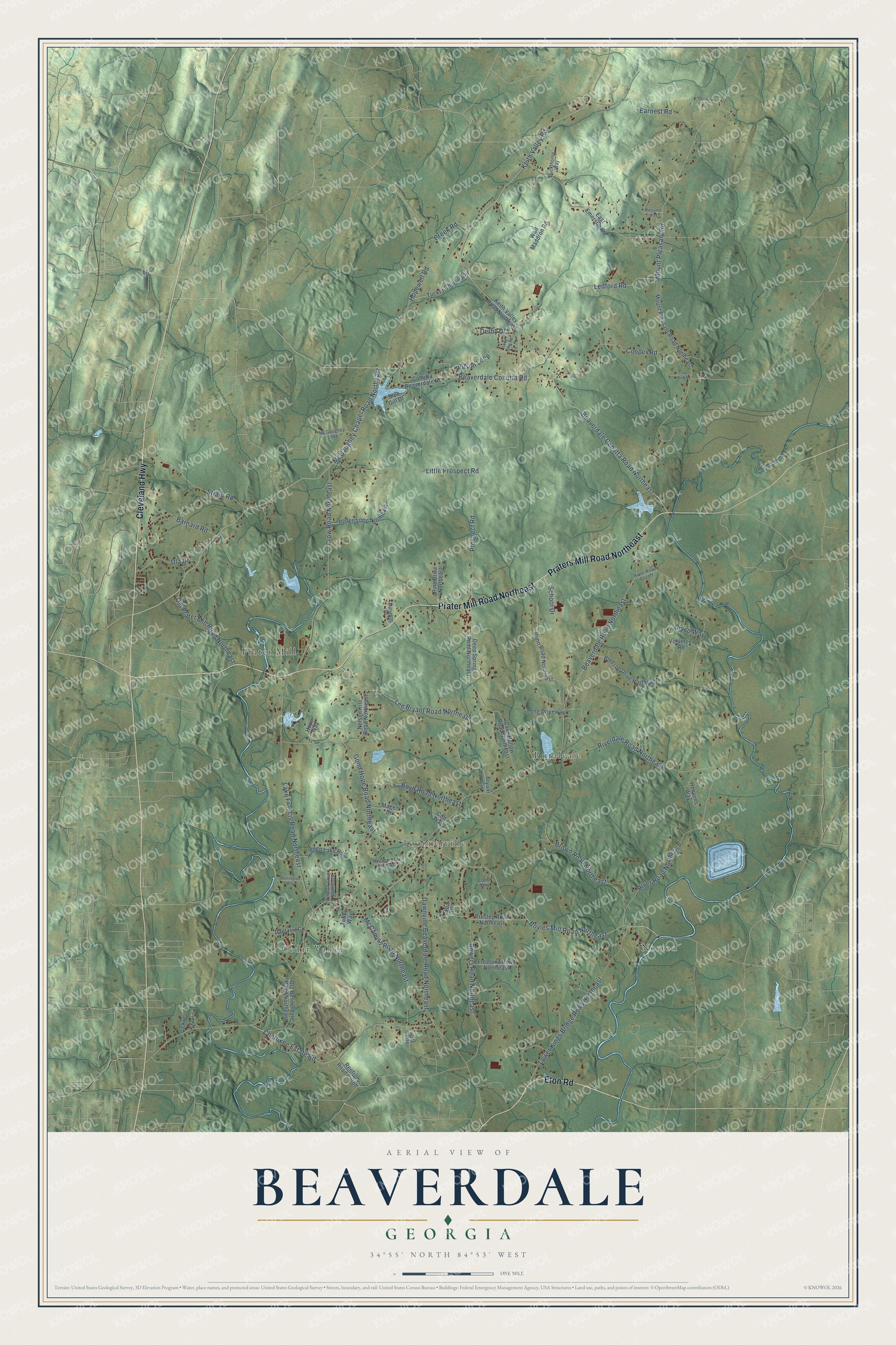 Full map of Beaverdale, Georgia, with red buildings, printed street names and the land around them