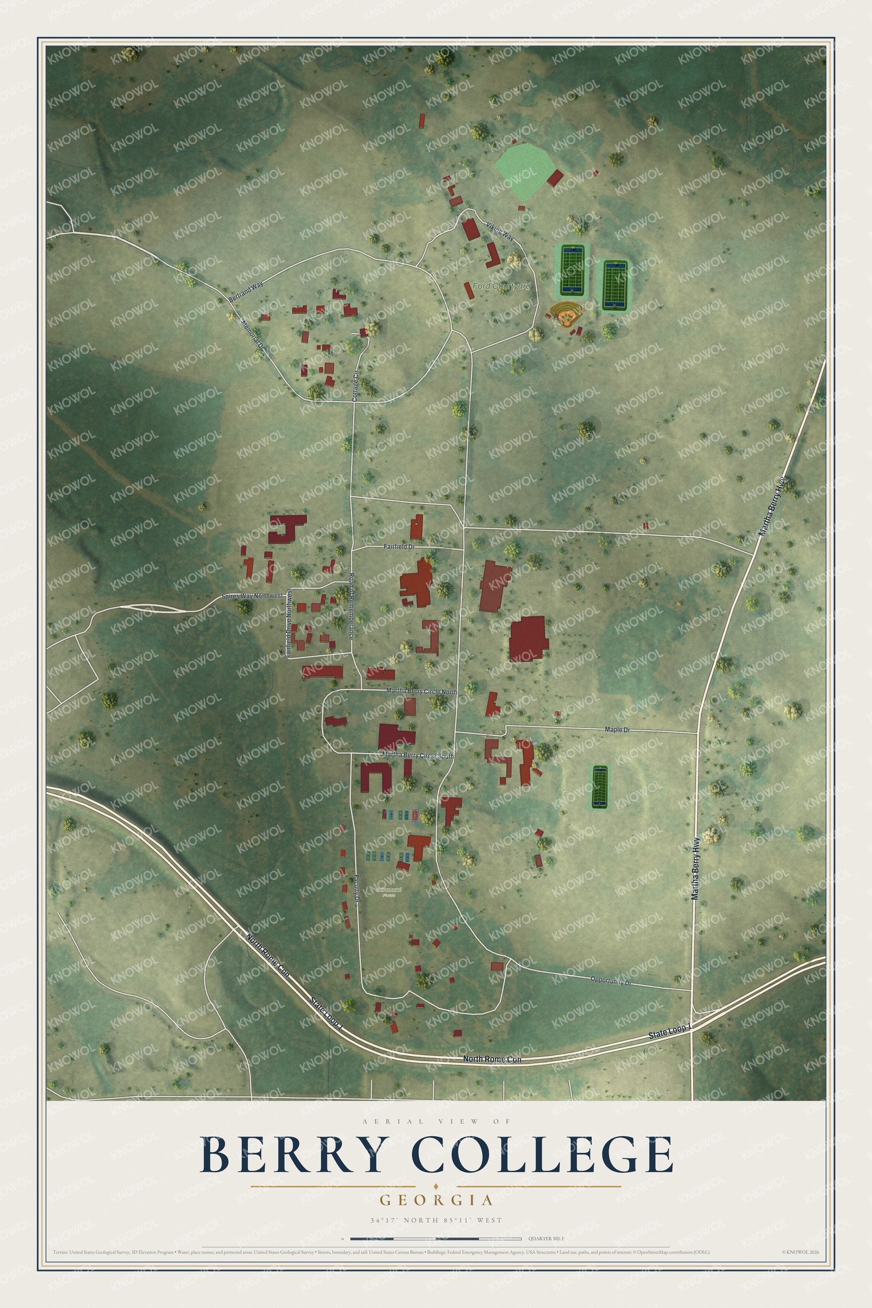 Full map of Berry College, Georgia, with red buildings, printed street names and the land around them