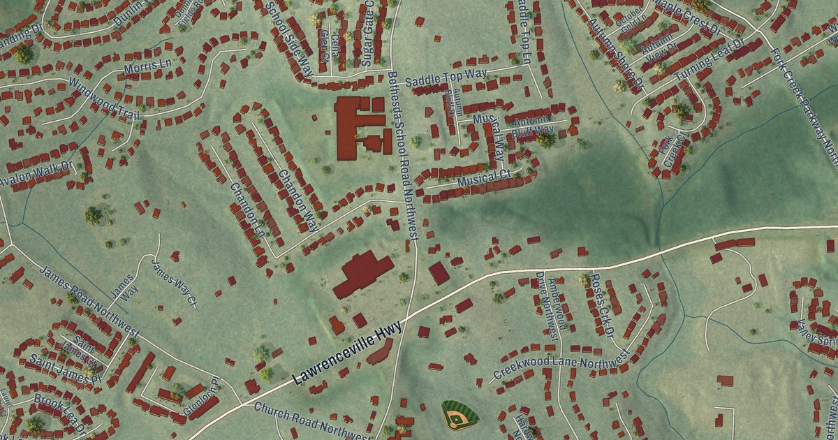 Close-up of streets and buildings in Bethesda, Georgia