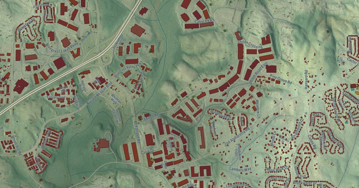 Close-up of streets and buildings in Big Creek, Georgia