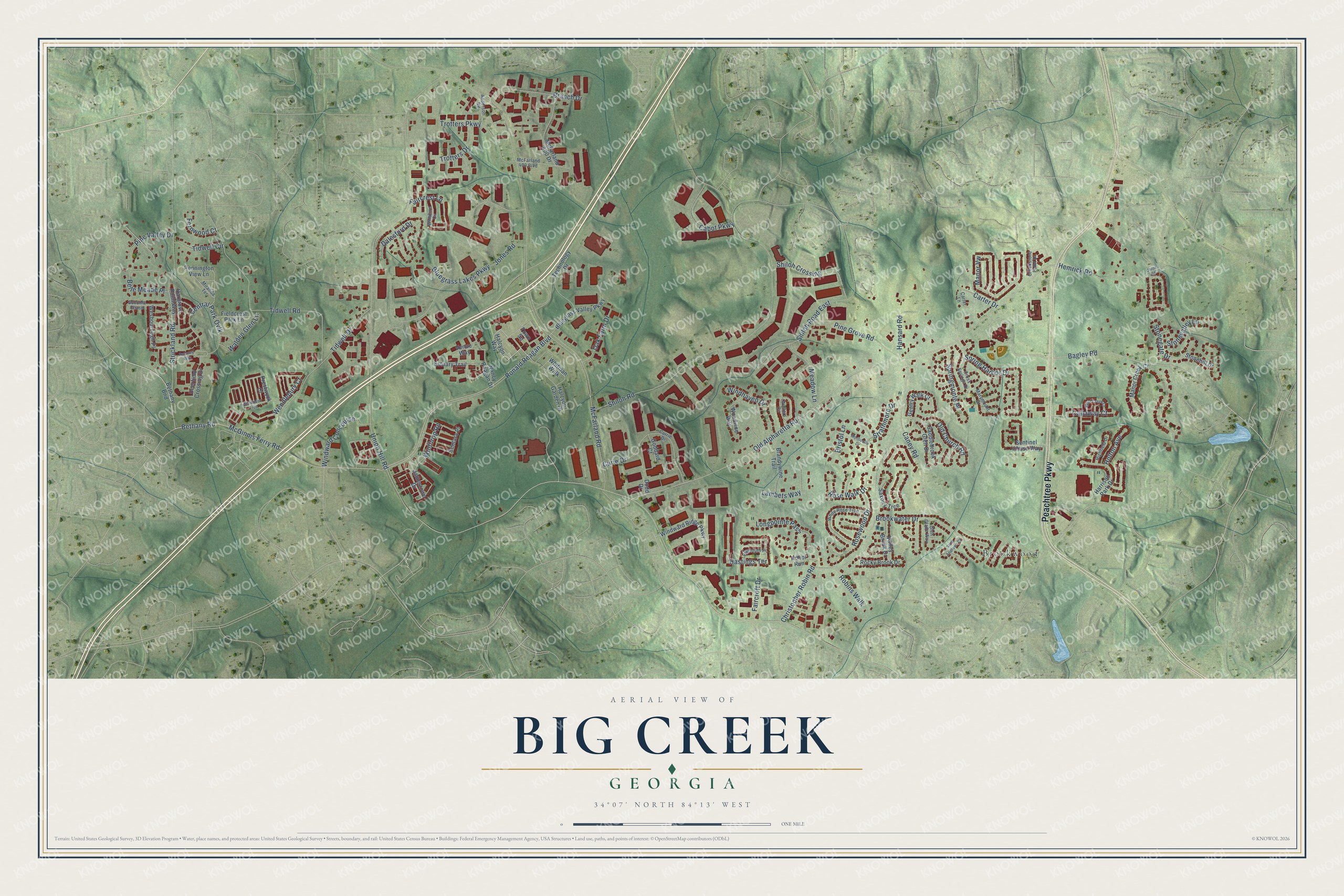 Full map of Big Creek, Georgia, with red buildings, printed street names and the land around them