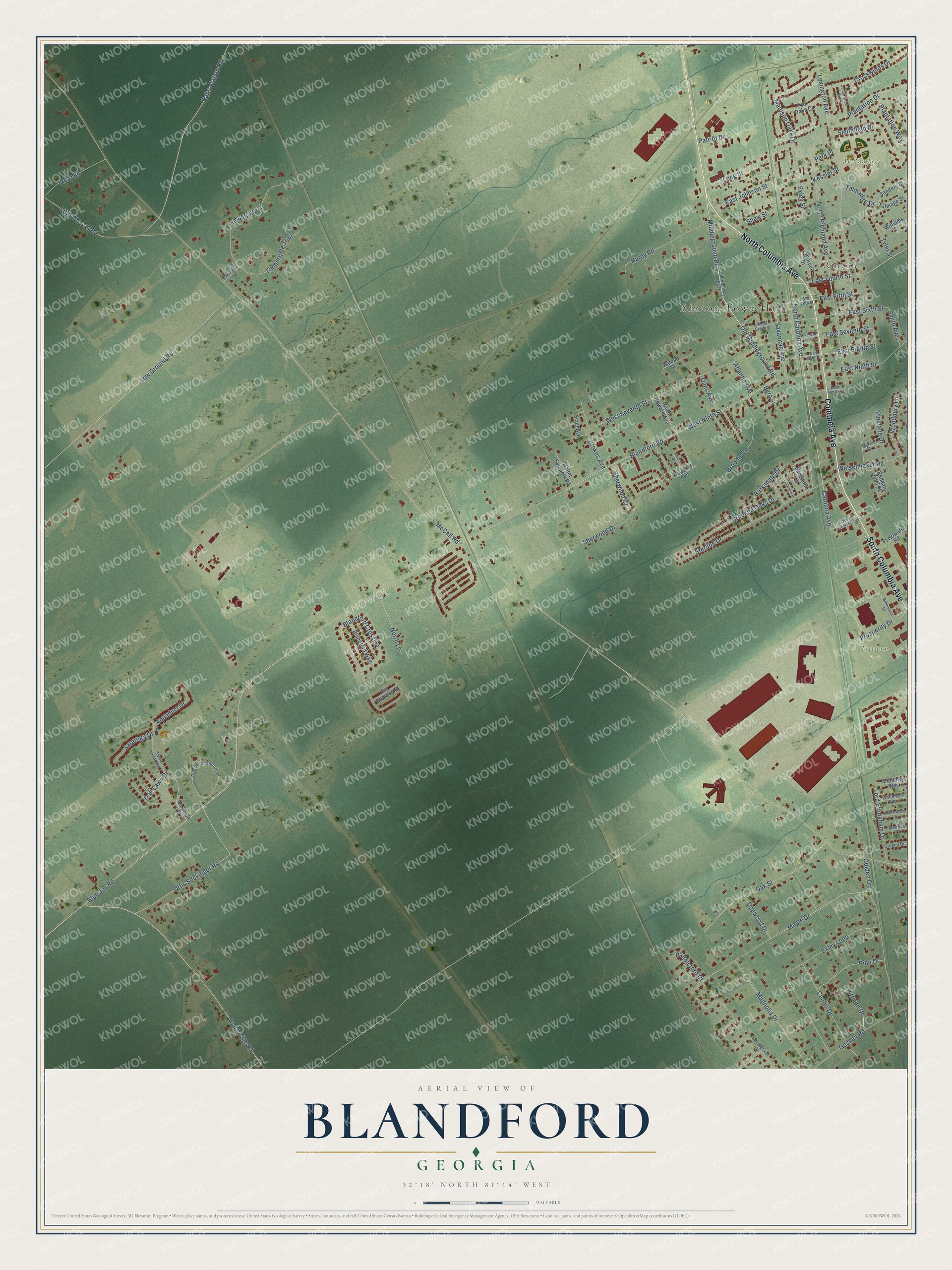 Full map of Blandford, Georgia, with red buildings, printed street names and the land around them