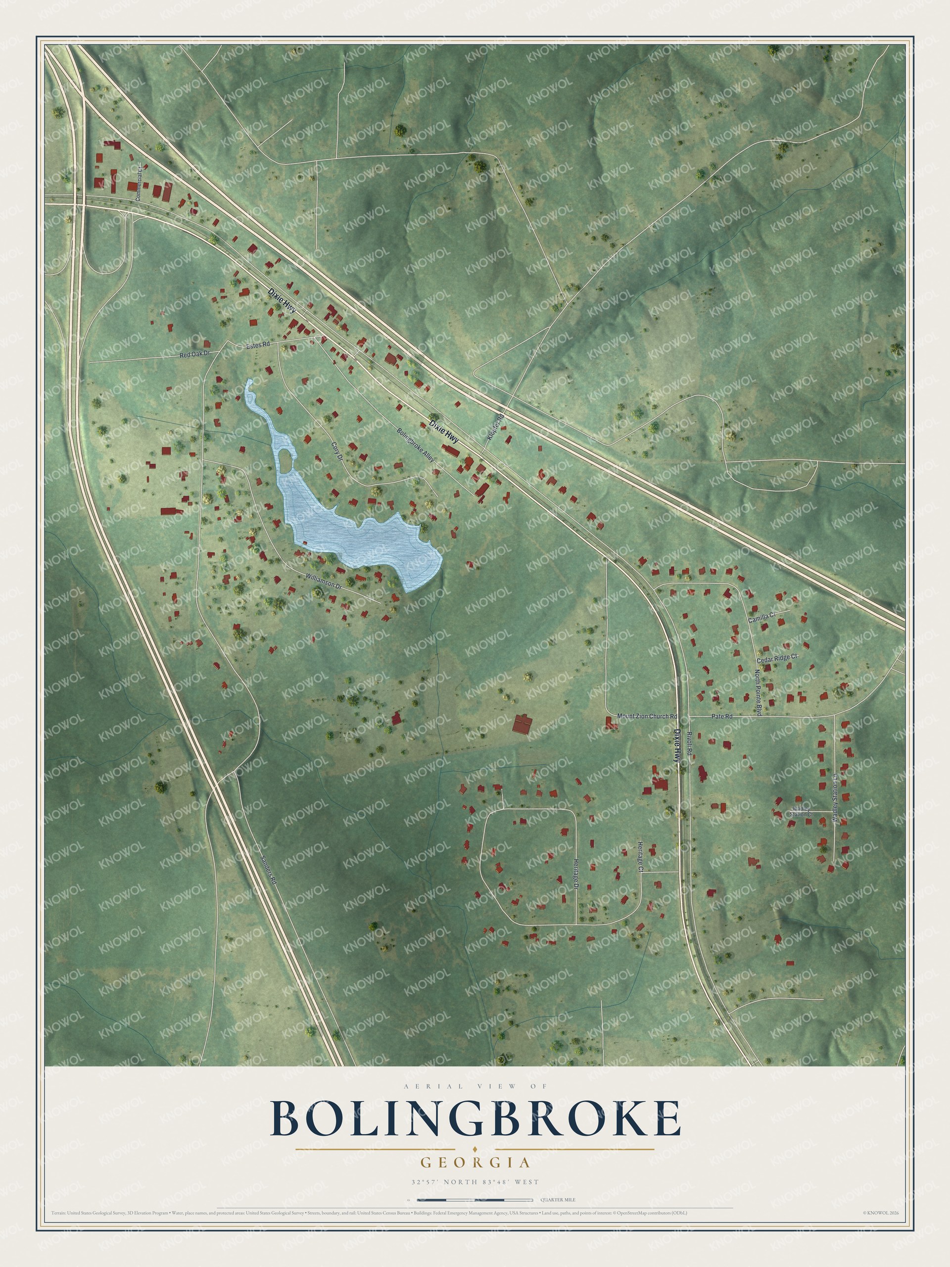 Full map of Bolingbroke, Georgia, with red buildings, printed street names and the land around them