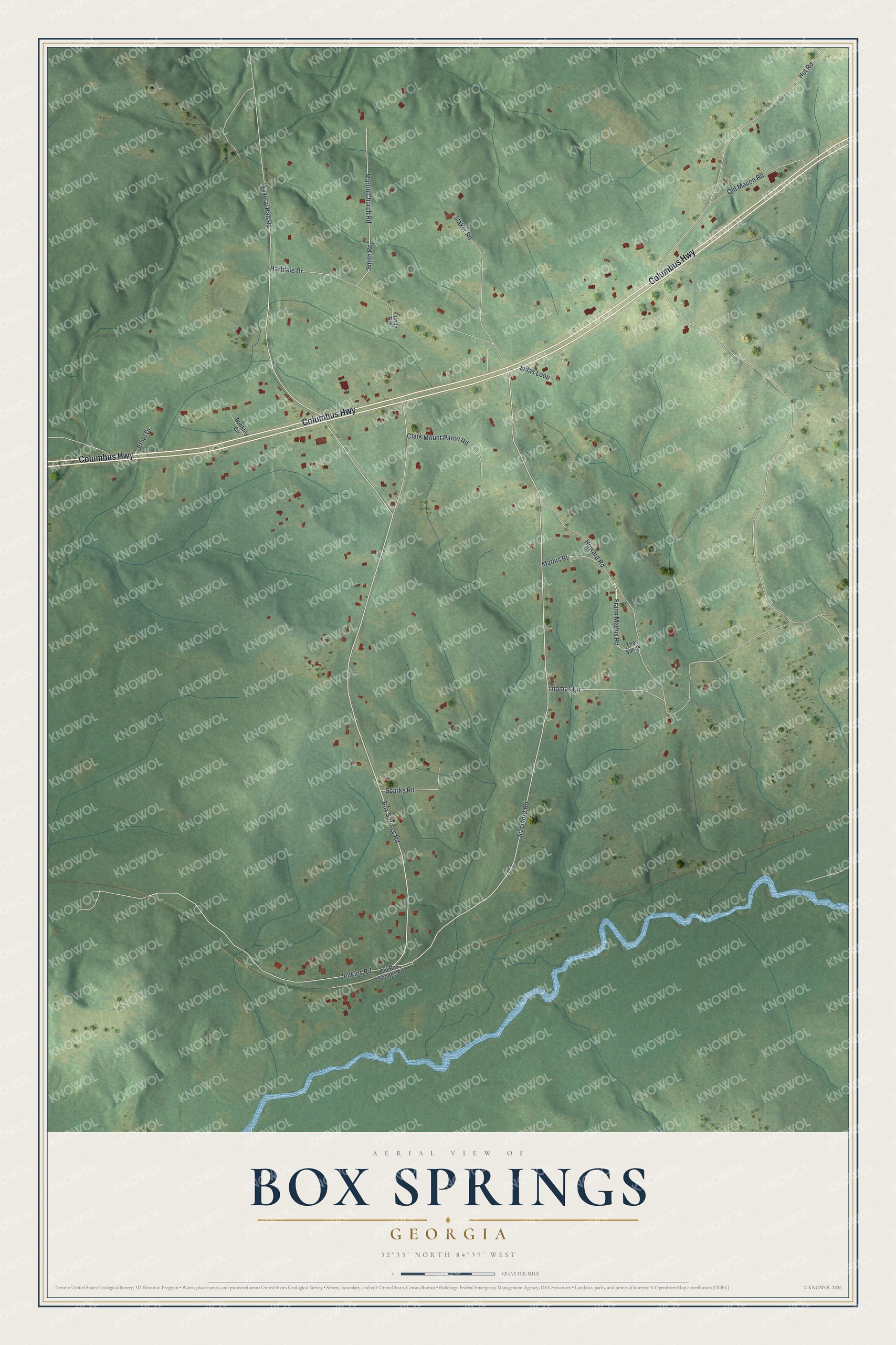 Full map of Box Springs, Georgia, with red buildings, printed street names and the land around them
