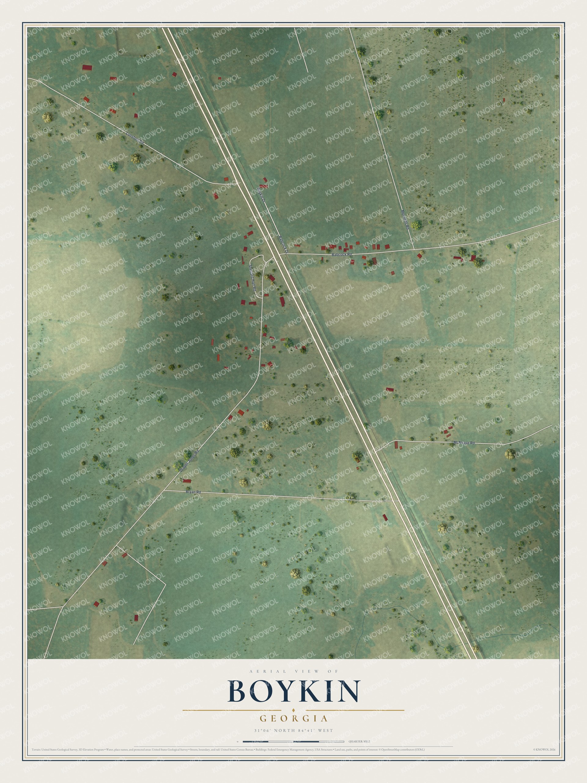Full map of Boykin, Georgia, with red buildings, printed street names and the land around them