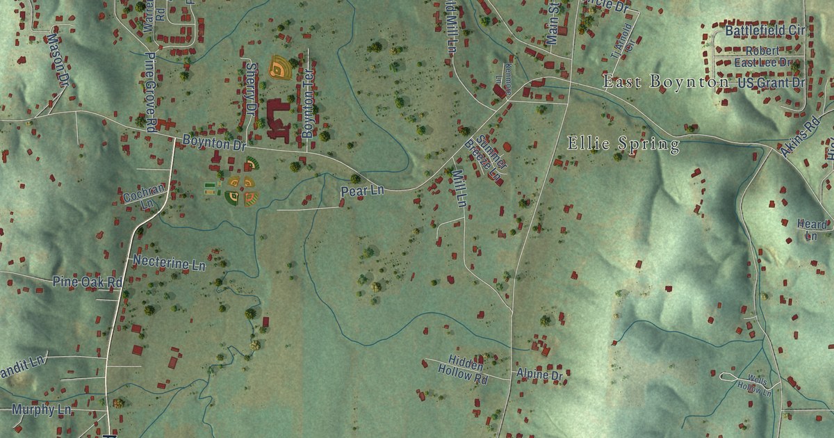 Close-up of streets and buildings in Boynton, Georgia