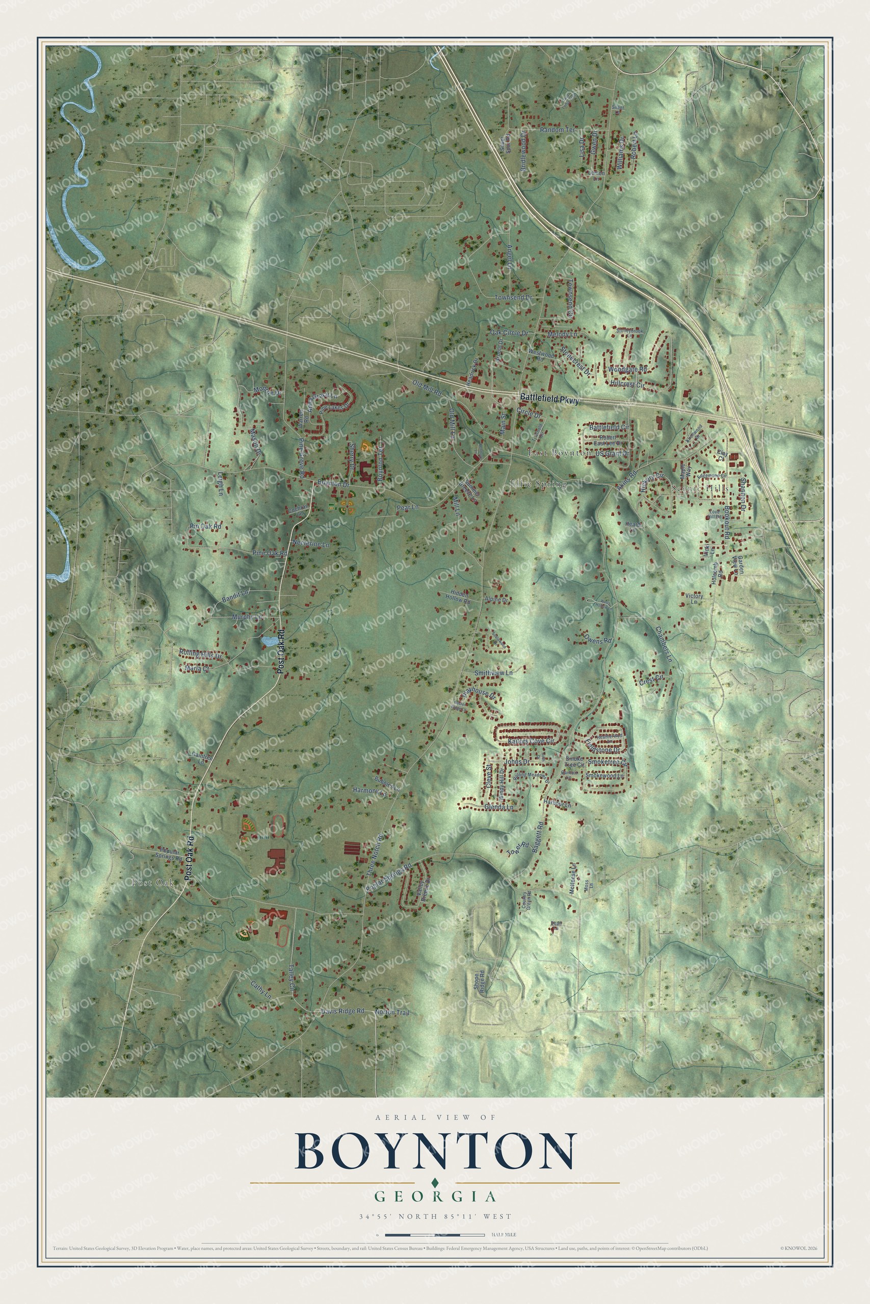 Full map of Boynton, Georgia, with red buildings, printed street names and the land around them