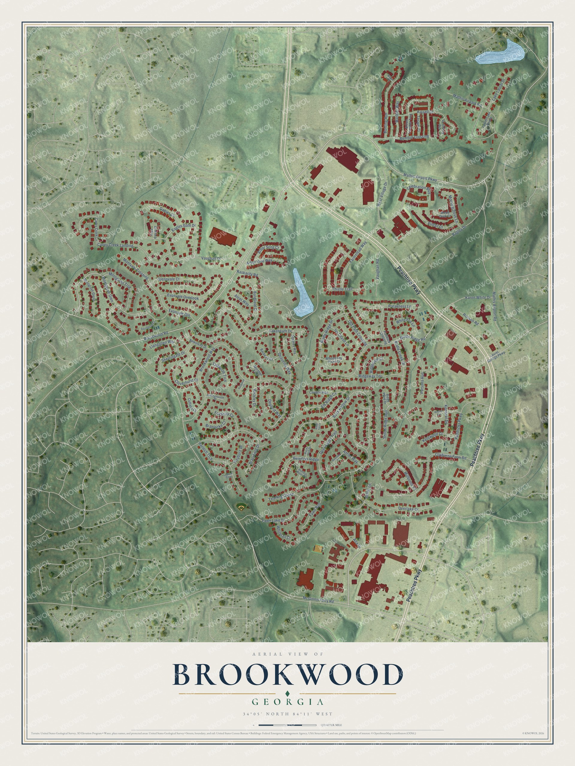 Full map of Brookwood, Georgia, with red buildings, printed street names and the land around them