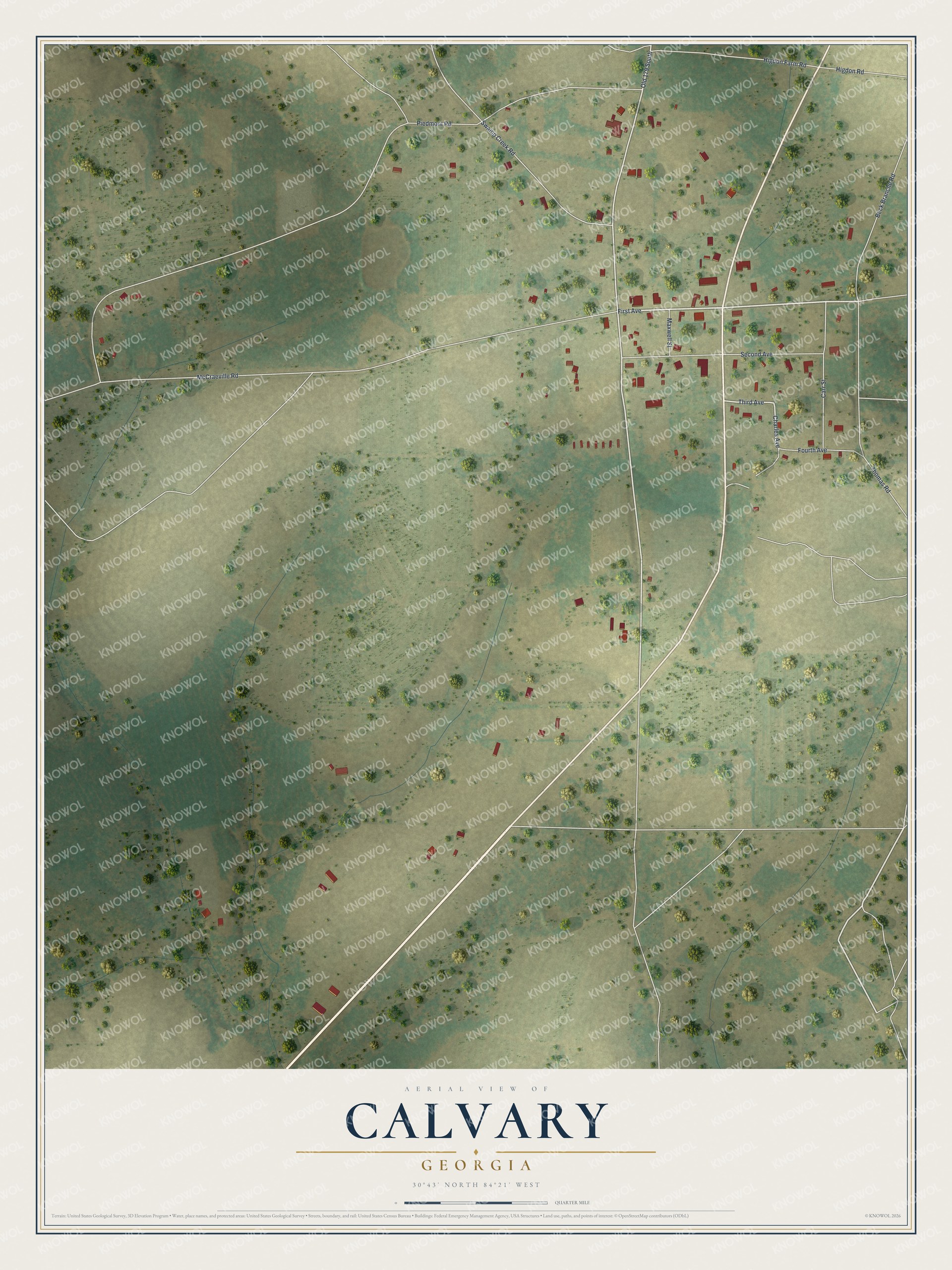 Full map of Calvary, Georgia, with red buildings, printed street names and the land around them