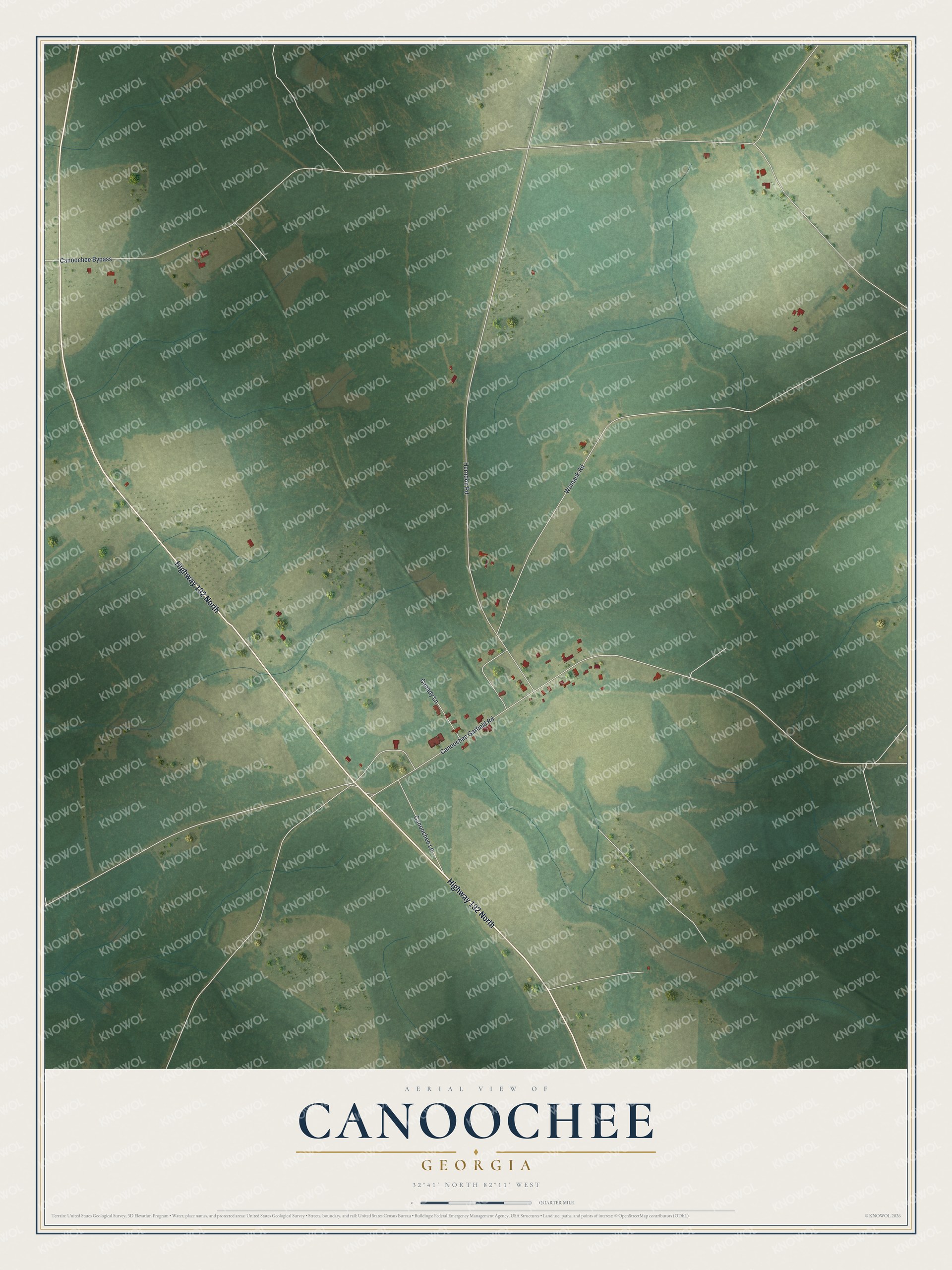 Full map of Canoochee, Georgia, with red buildings, printed street names and the land around them