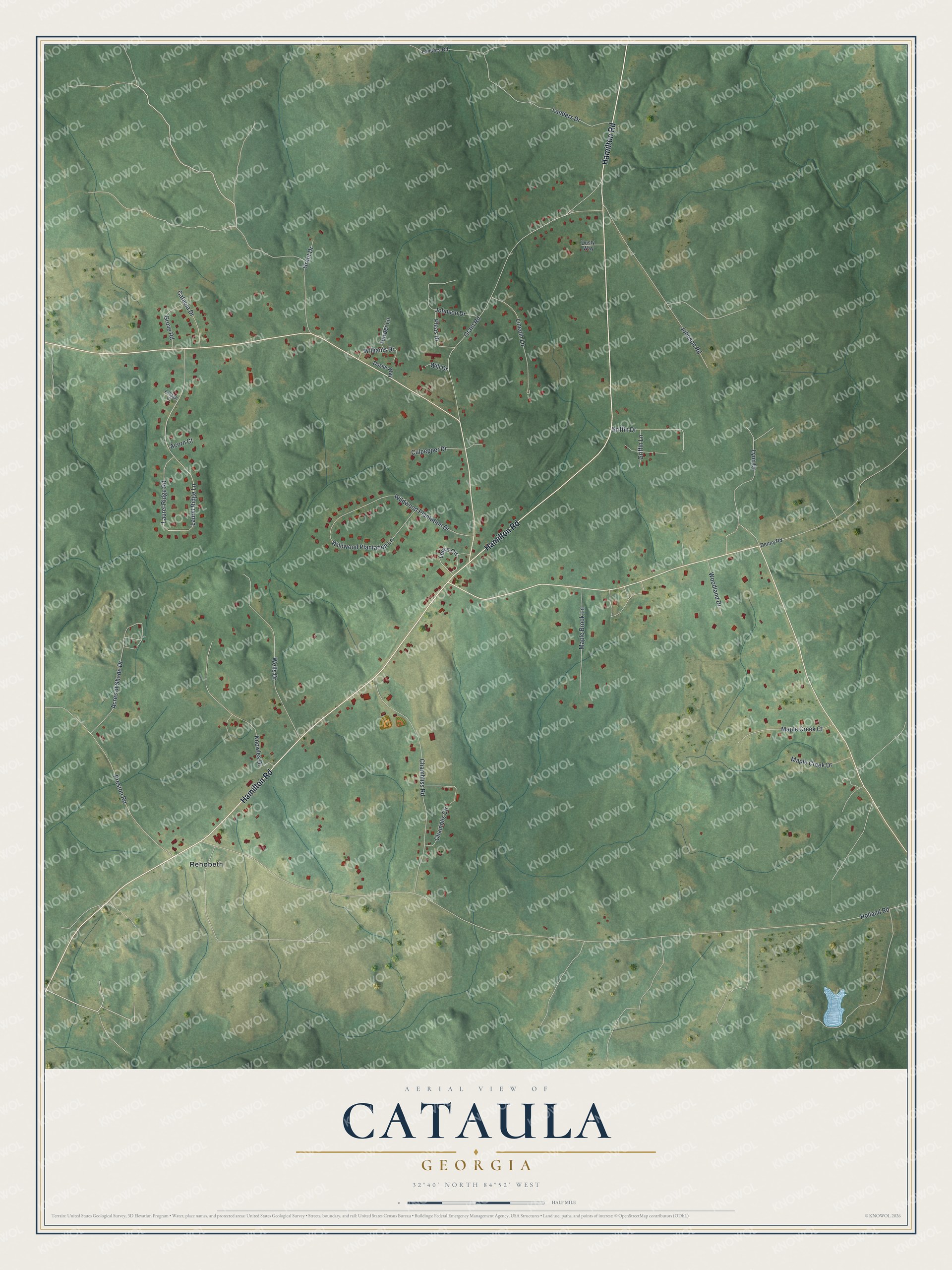 Full map of Cataula, Georgia, with red buildings, printed street names and the land around them