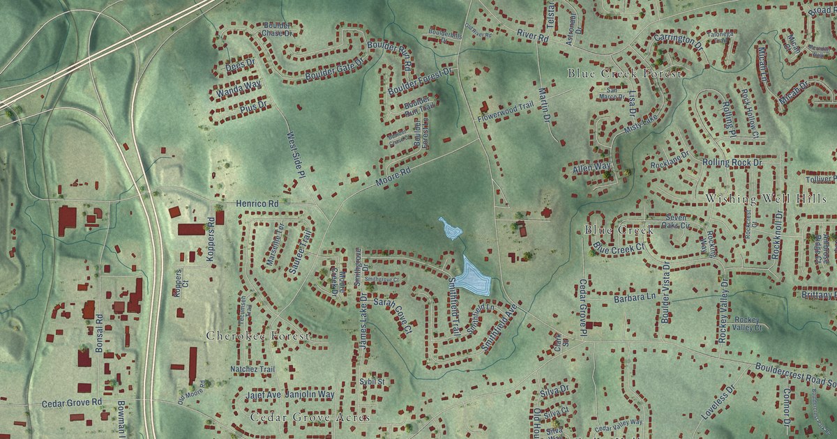 Close-up of streets and buildings in Cedar Grove, Georgia